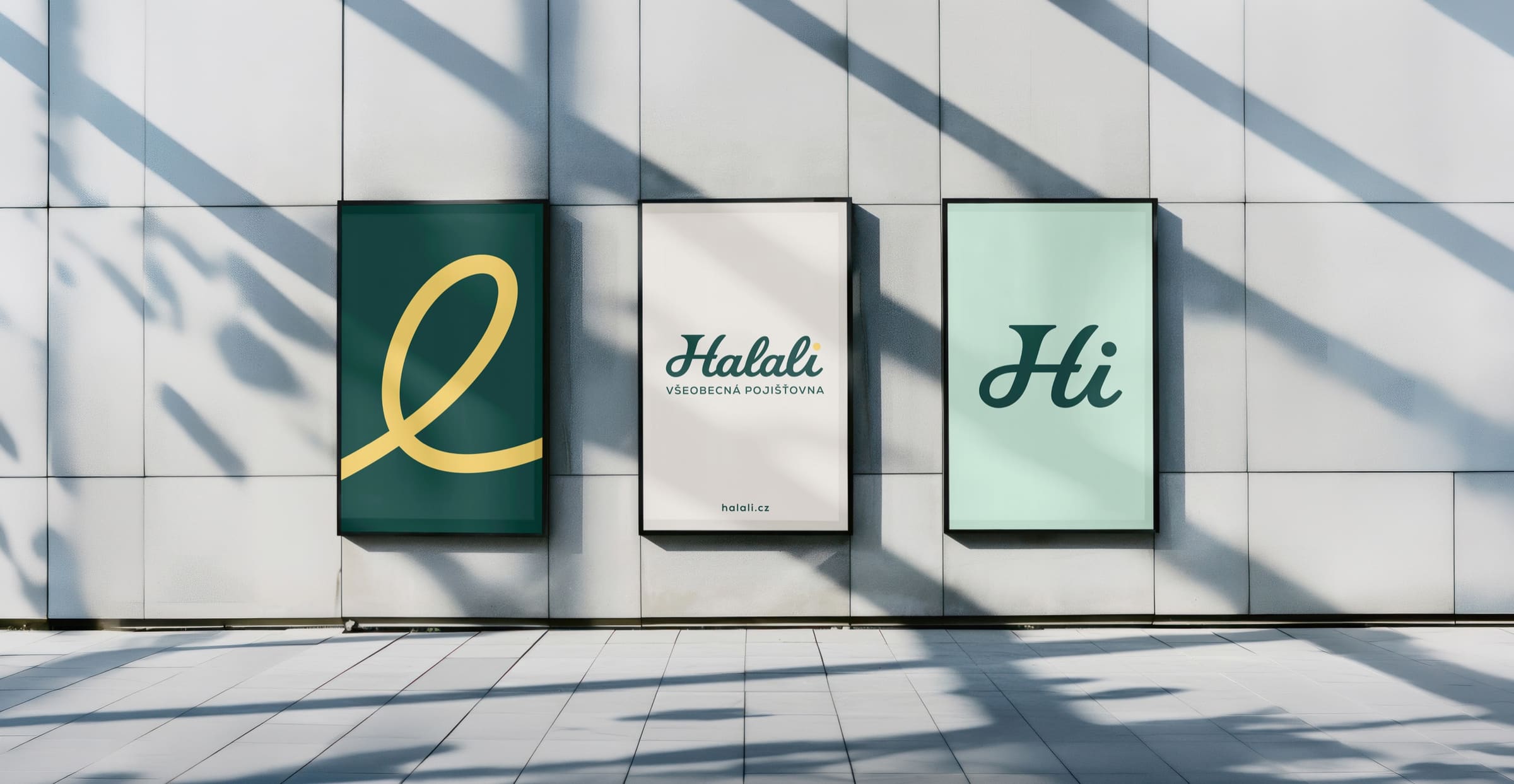 Three Halali posters on a sunlit wall: a yellow loop on Forest Teal, the Halali logo on champagne, and the Hi monogram on Light Mint.
