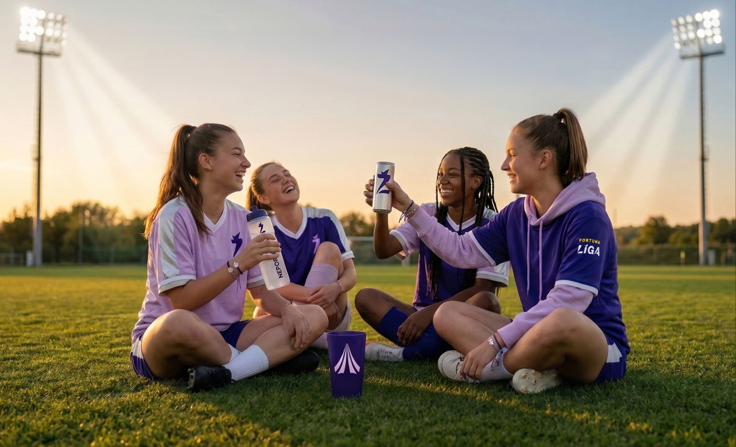 AI-assisted visual: four young players in league kits laugh together on the grass at sunset under stadium floodlights.