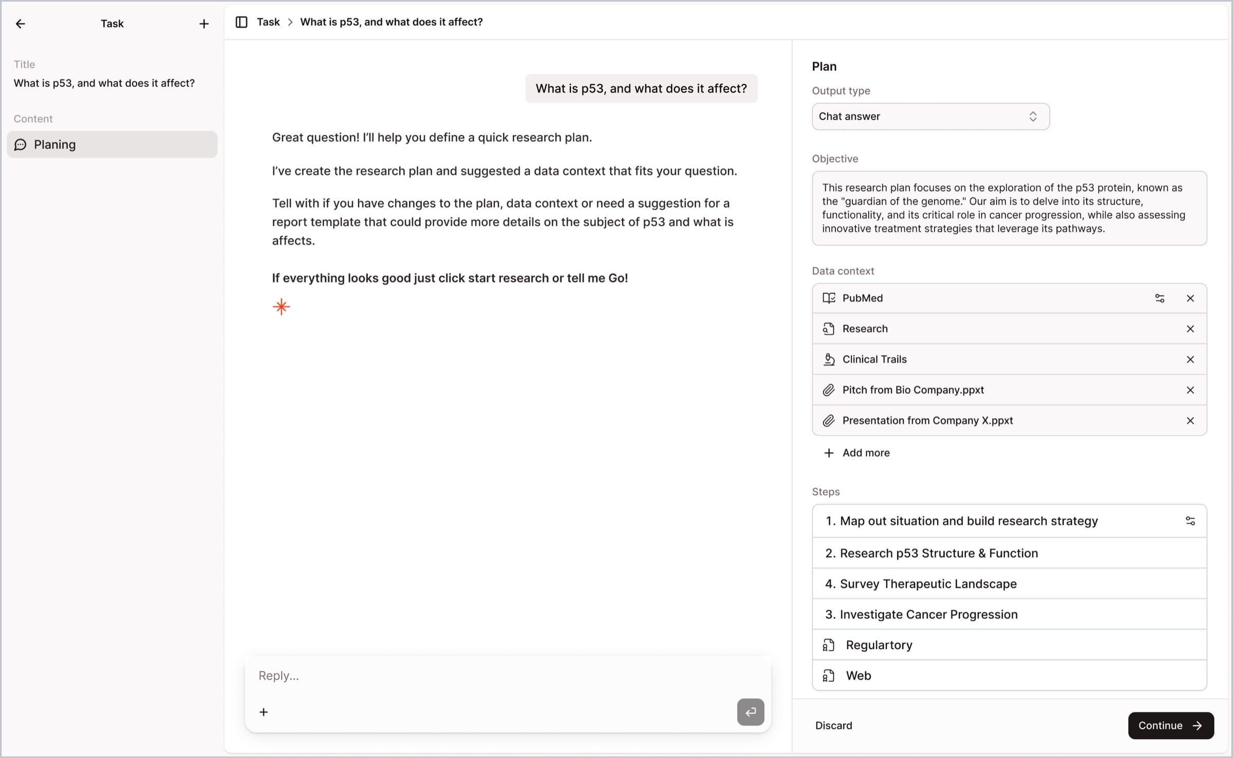 A later task: the conversation on the left, and a plan on the right with output type, objective, data context and research steps.