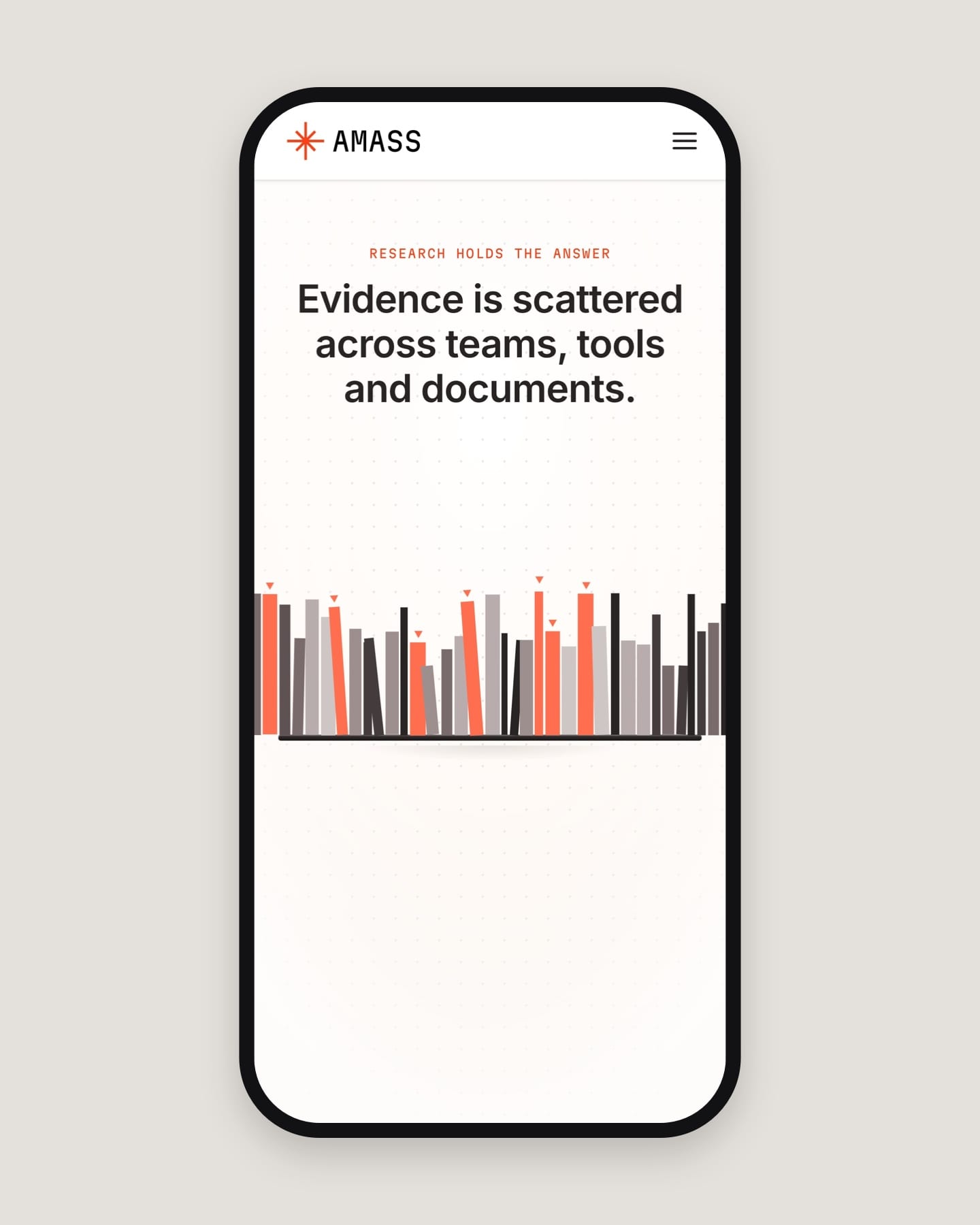 The amass.tech home page on a phone: the scattered-evidence headline above a shorter shelf of book spines.