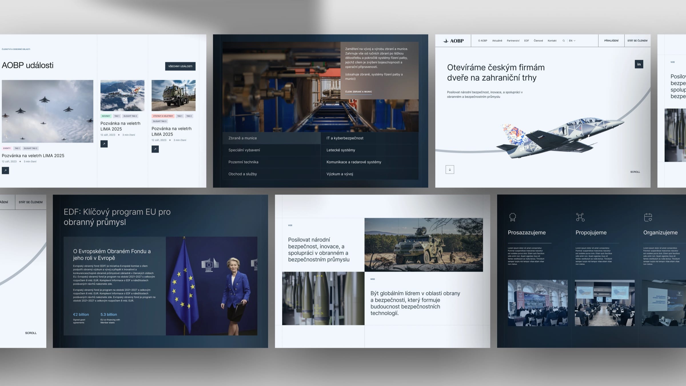 A spread of AOBP website modules: events, member categories, the homepage hero, an EU defence fund feature, vision and mission, and association activities.