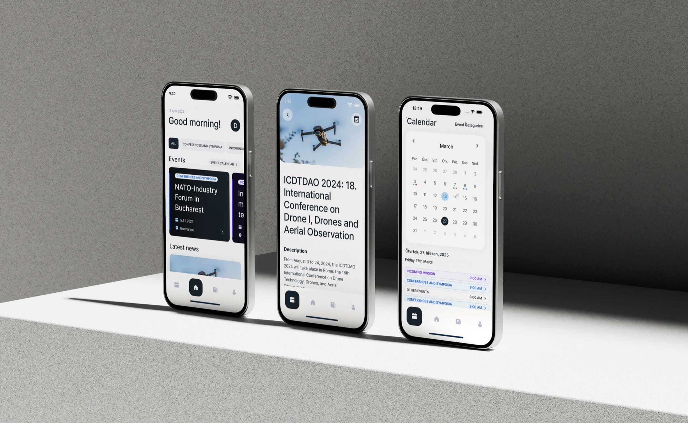 Three phones on a white ledge showing the AOBP member app: a home screen with events, a conference detail page, and an event calendar.