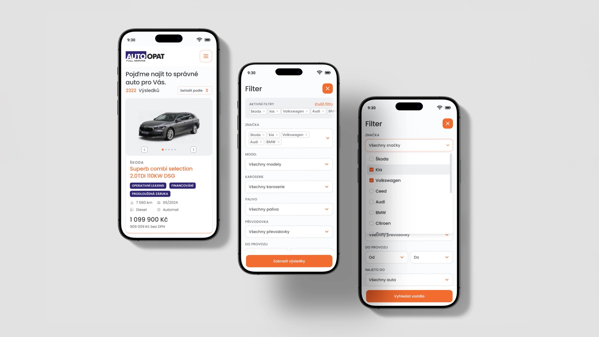 Three phones showing Auto Opat mobile search: a results card for a Škoda Superb Combi, the filter sheet with active brand chips, and a brand dropdown with checkboxes.