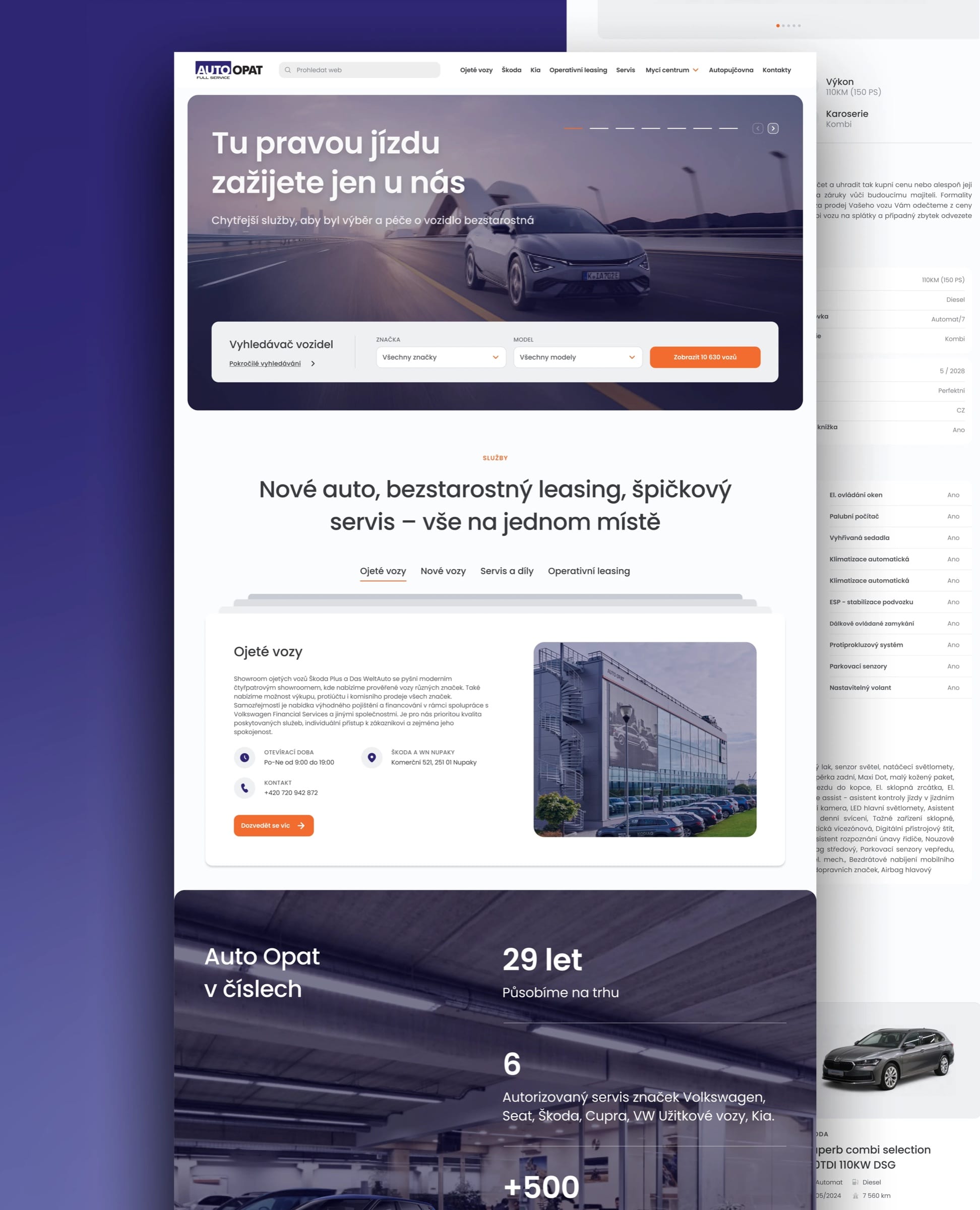 The Auto Opat homepage in Czech on a violet ground: hero with the search panel, a services section with tabs, and the company in numbers, beside a car detail page.