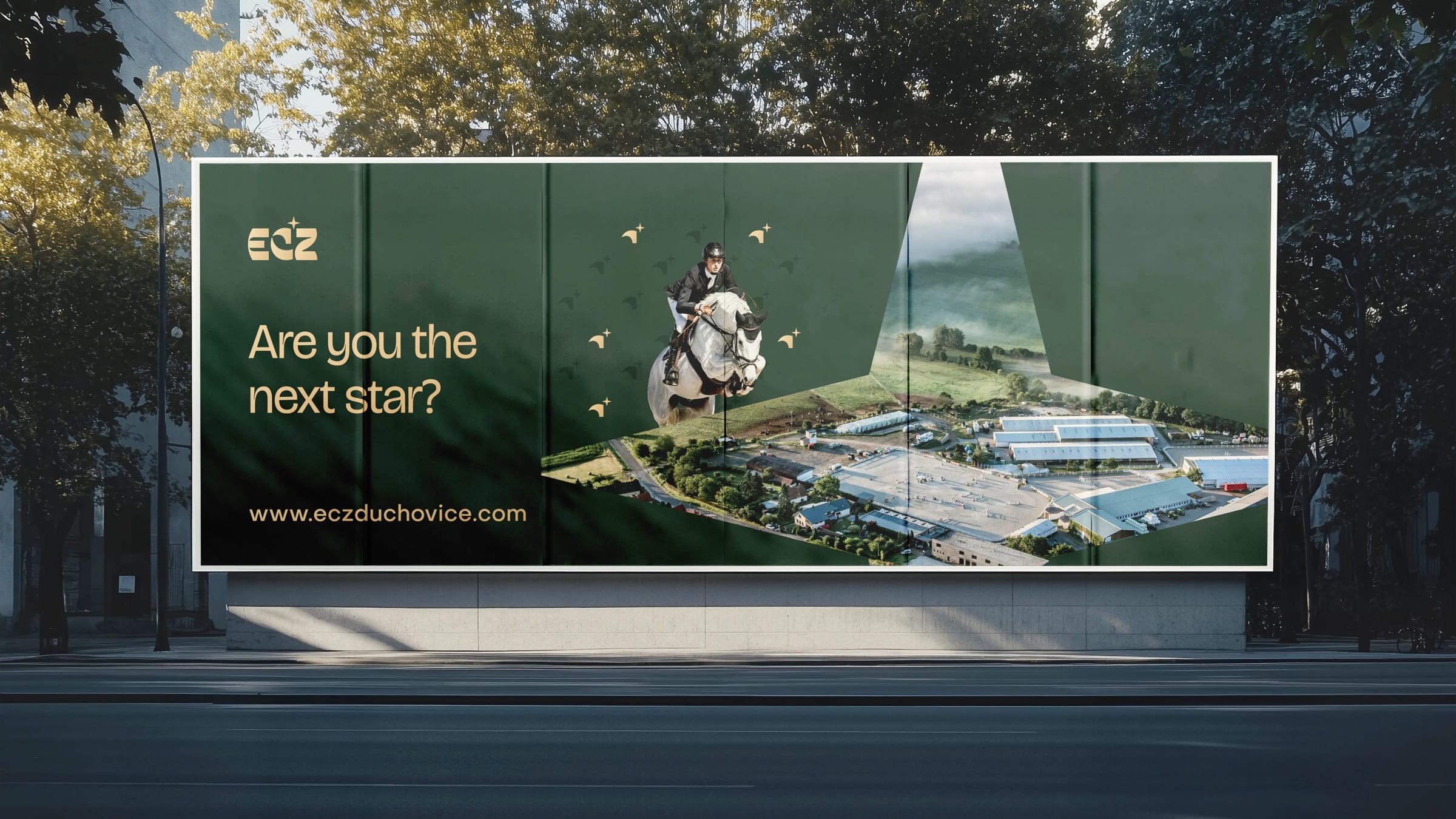 A dark green ECZ billboard on a city street asking “Are you the next star?” beside a show jumper framed by stars and an aerial view of the grounds.