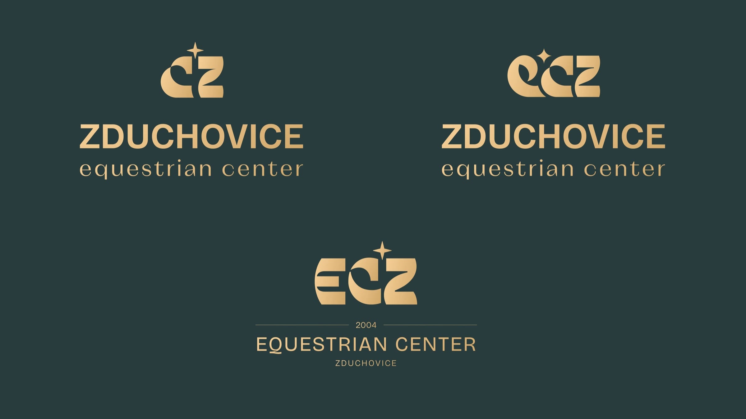 Three versions of the ECZ monogram with the Zduchovice equestrian center wordmark in gold on dark green.