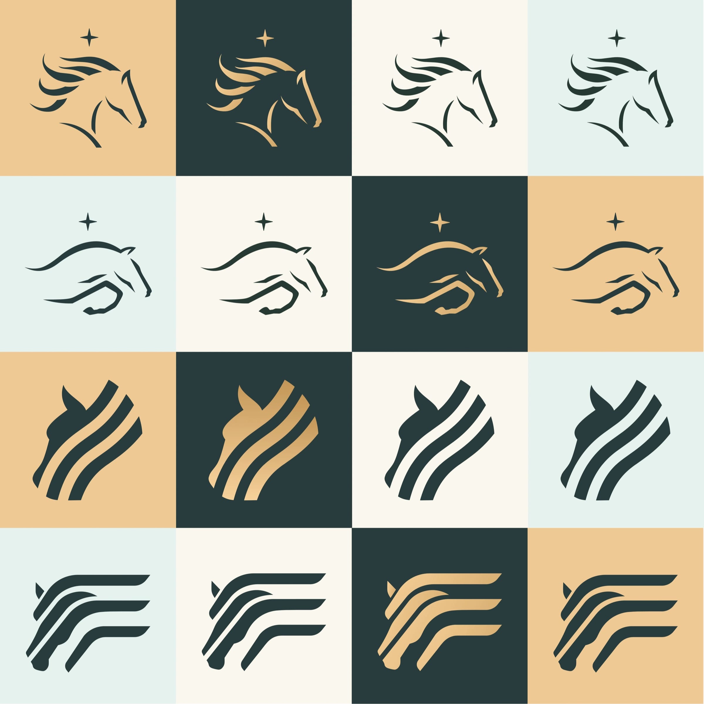 A checkerboard of sixteen horse marks in dark green, gold and cream, each with a small star.