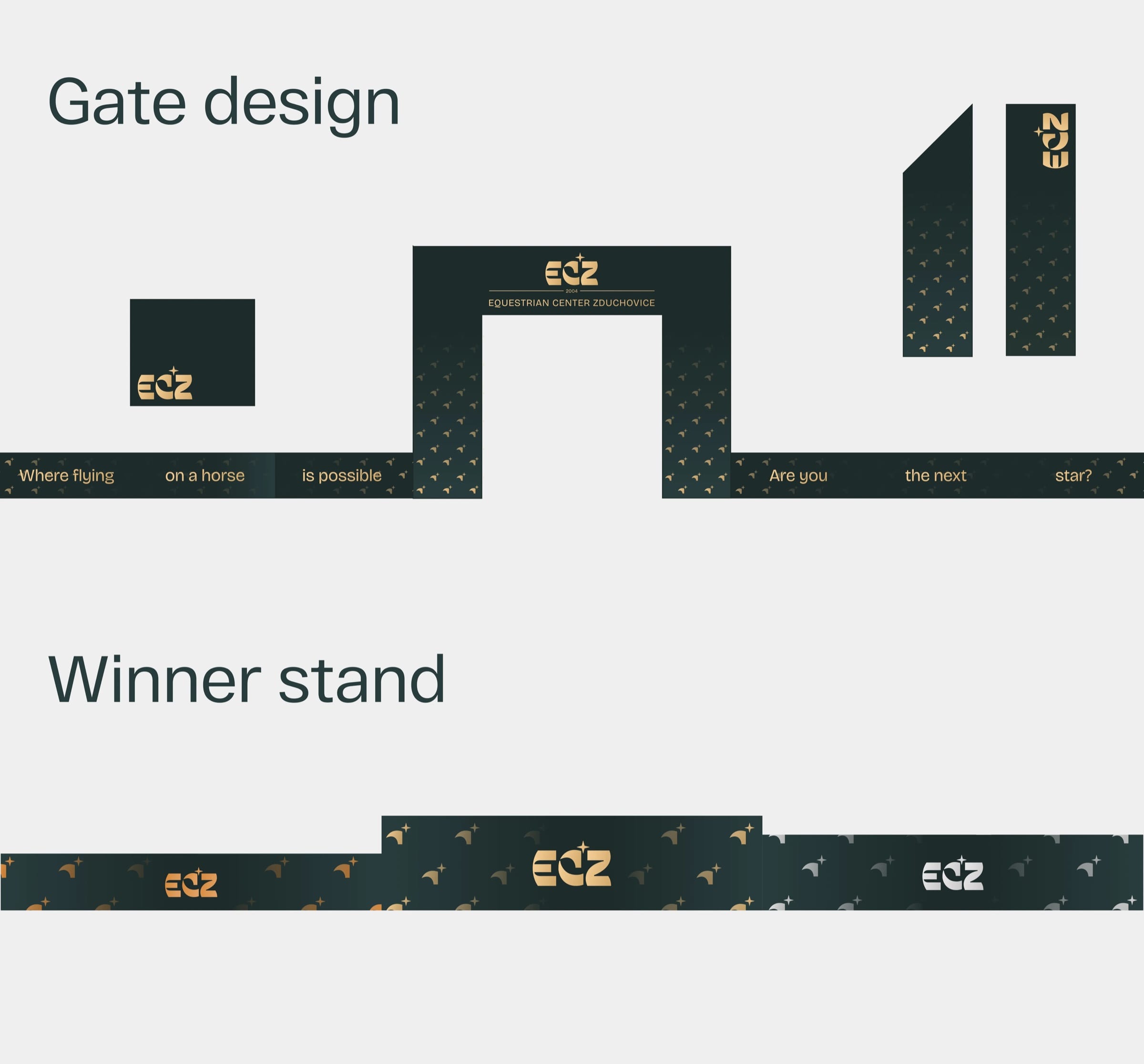 Flat designs for the ECZ competition gate and a winner’s stand in dark green with the gold mark.