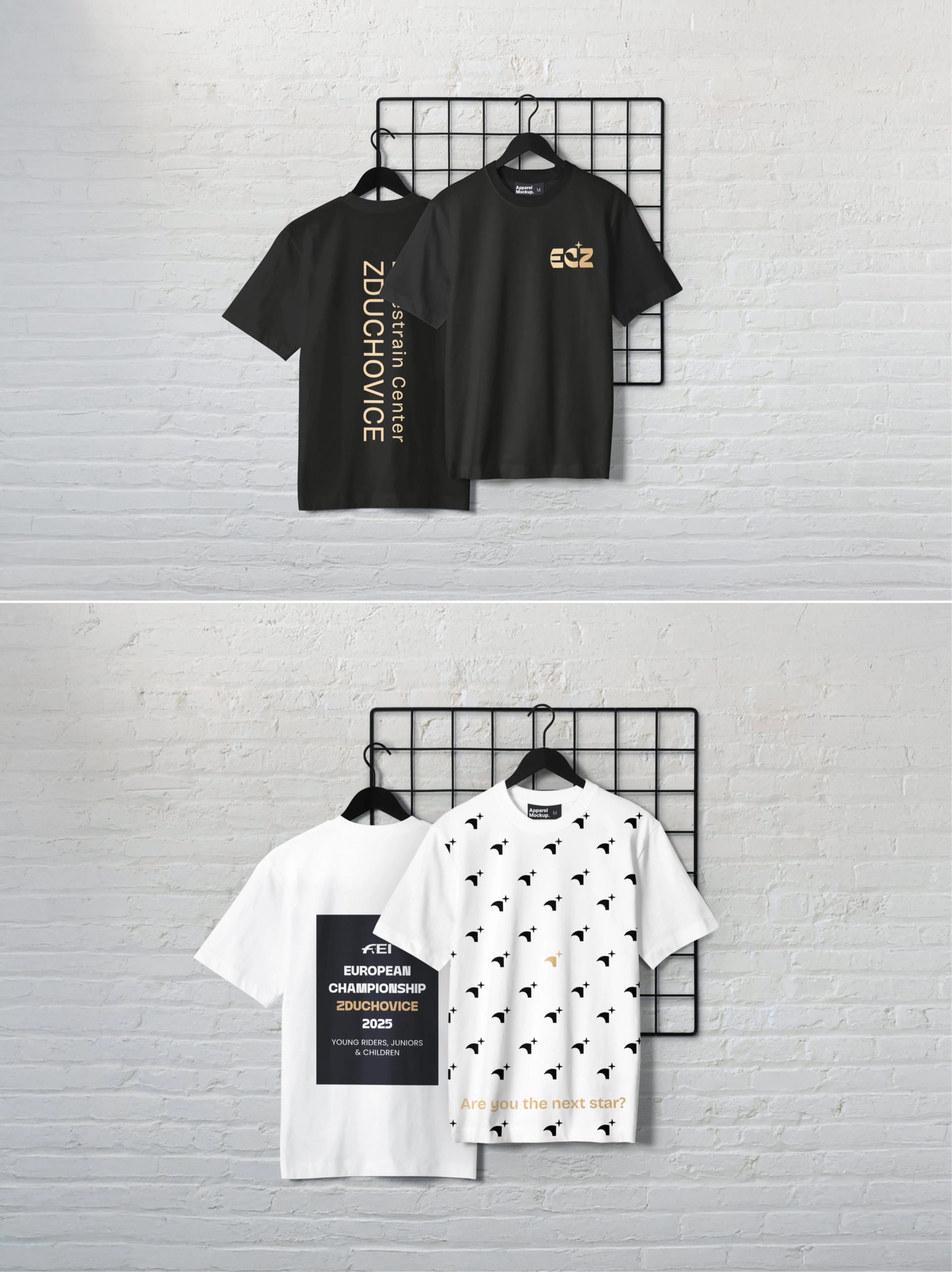Four ECZ T-shirts on a wire grid: black shirts with the gold monogram and wordmark, a white European Championship Zduchovice 2025 shirt, and a white shirt covered in the symbol pattern.