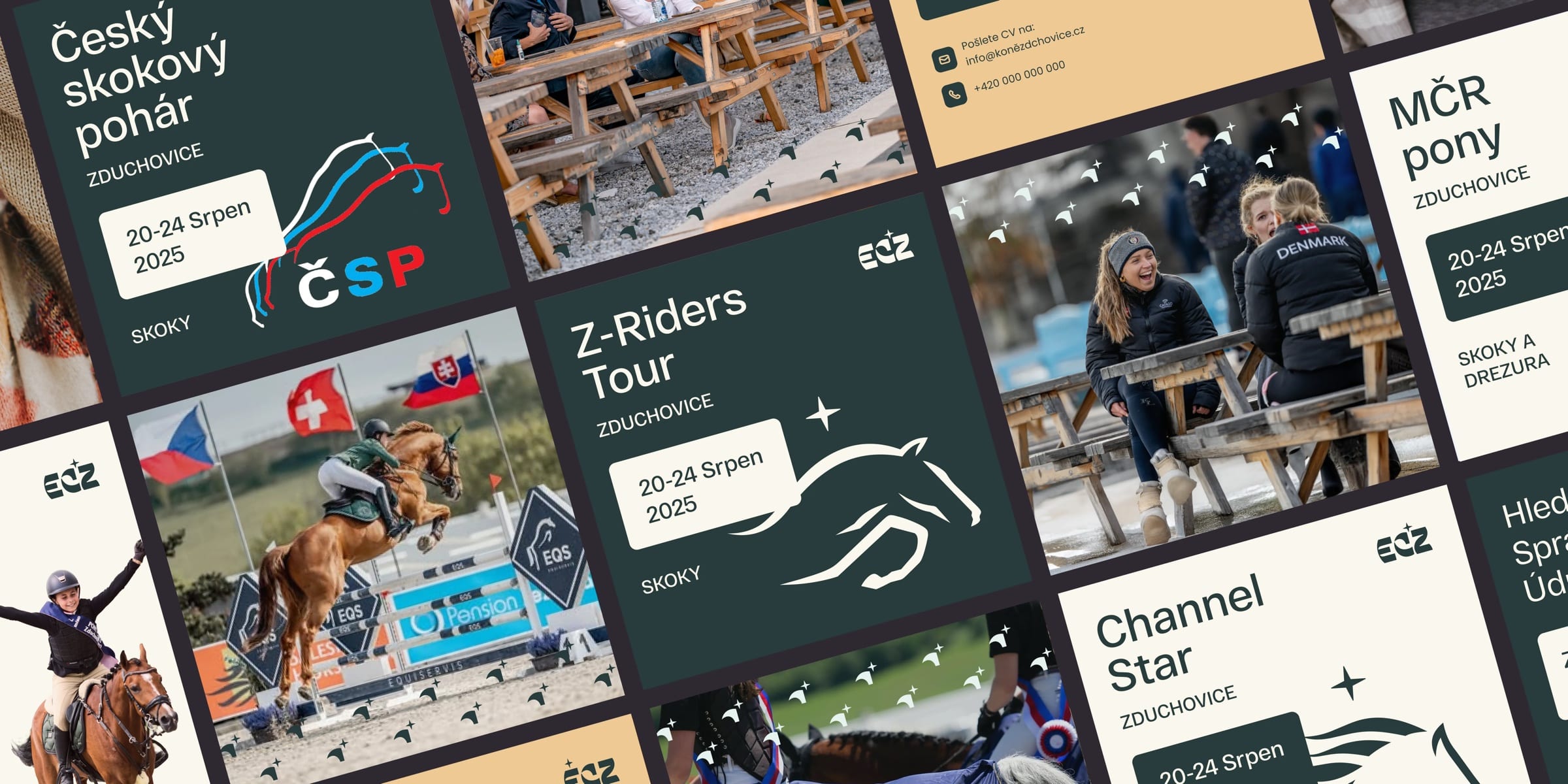 A grid of ECZ Instagram posts announcing competitions such as Z-Riders Tour and Channel Star, with rider photos and dark green and sand panels.