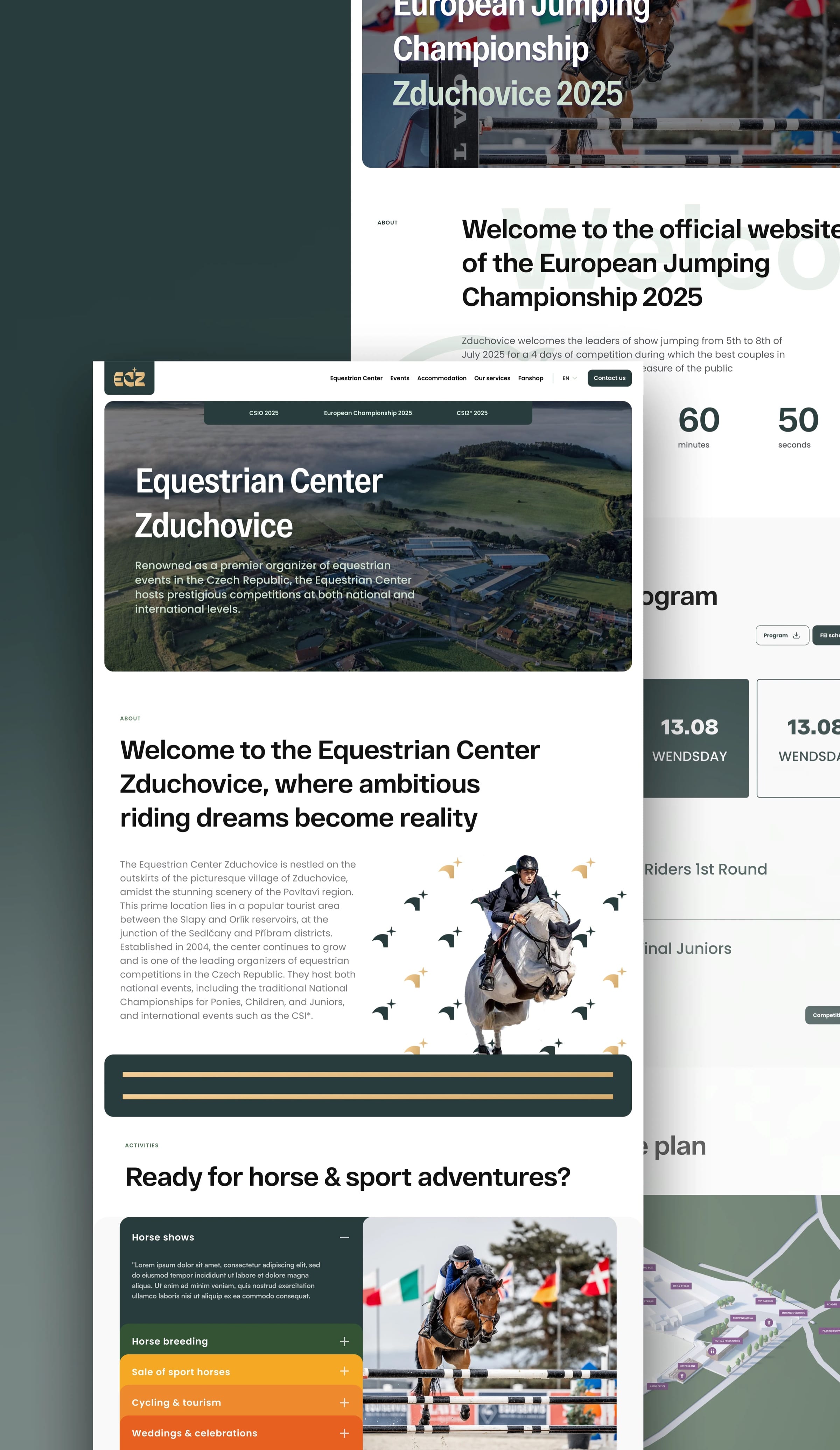 The Equestrian Center Zduchovice website: a homepage over an aerial photo of the grounds, and a European Jumping Championship page with a countdown and programme.