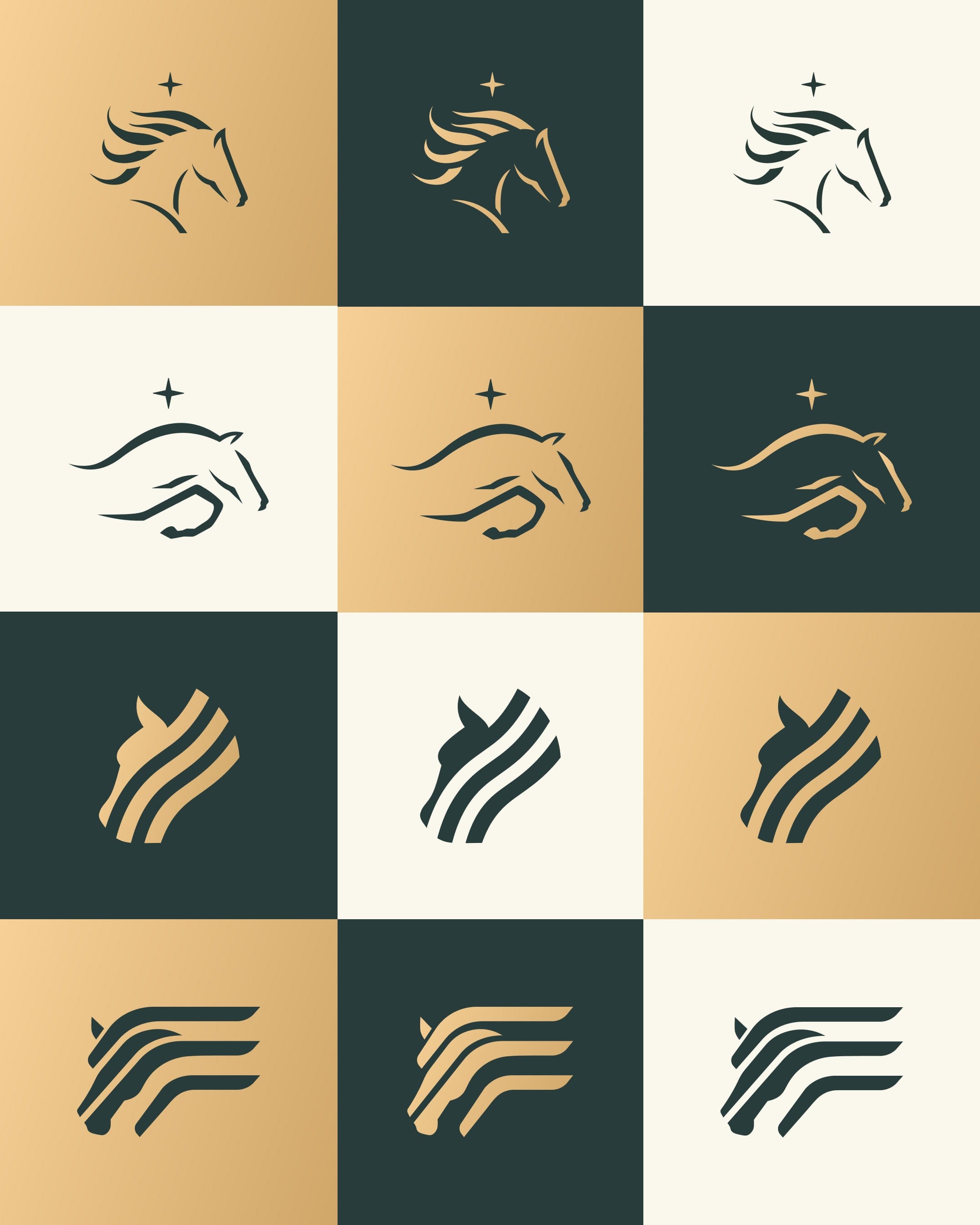 A grid of twelve tiles in gold, dark green and cream showing four horse marks: a head with a star, a jumping horse with a star, and two striped abstract heads.