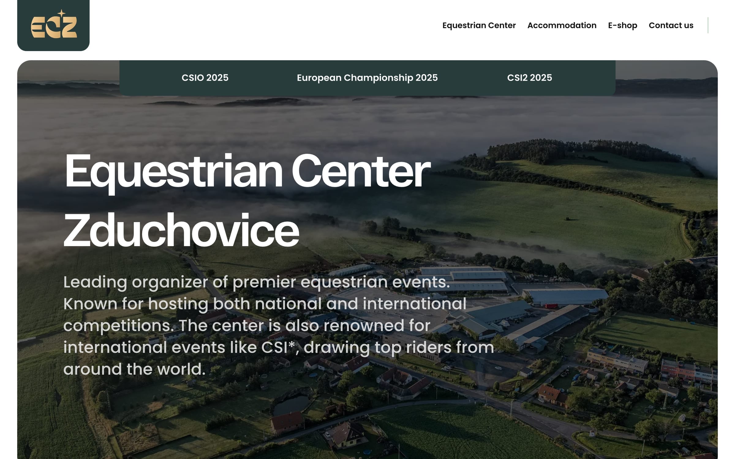 A scroll through the Equestrian Center Zduchovice homepage, from an aerial photo of the grounds under the centre’s name to the activities, the surroundings, the lodge, the site plan and the community photographs.