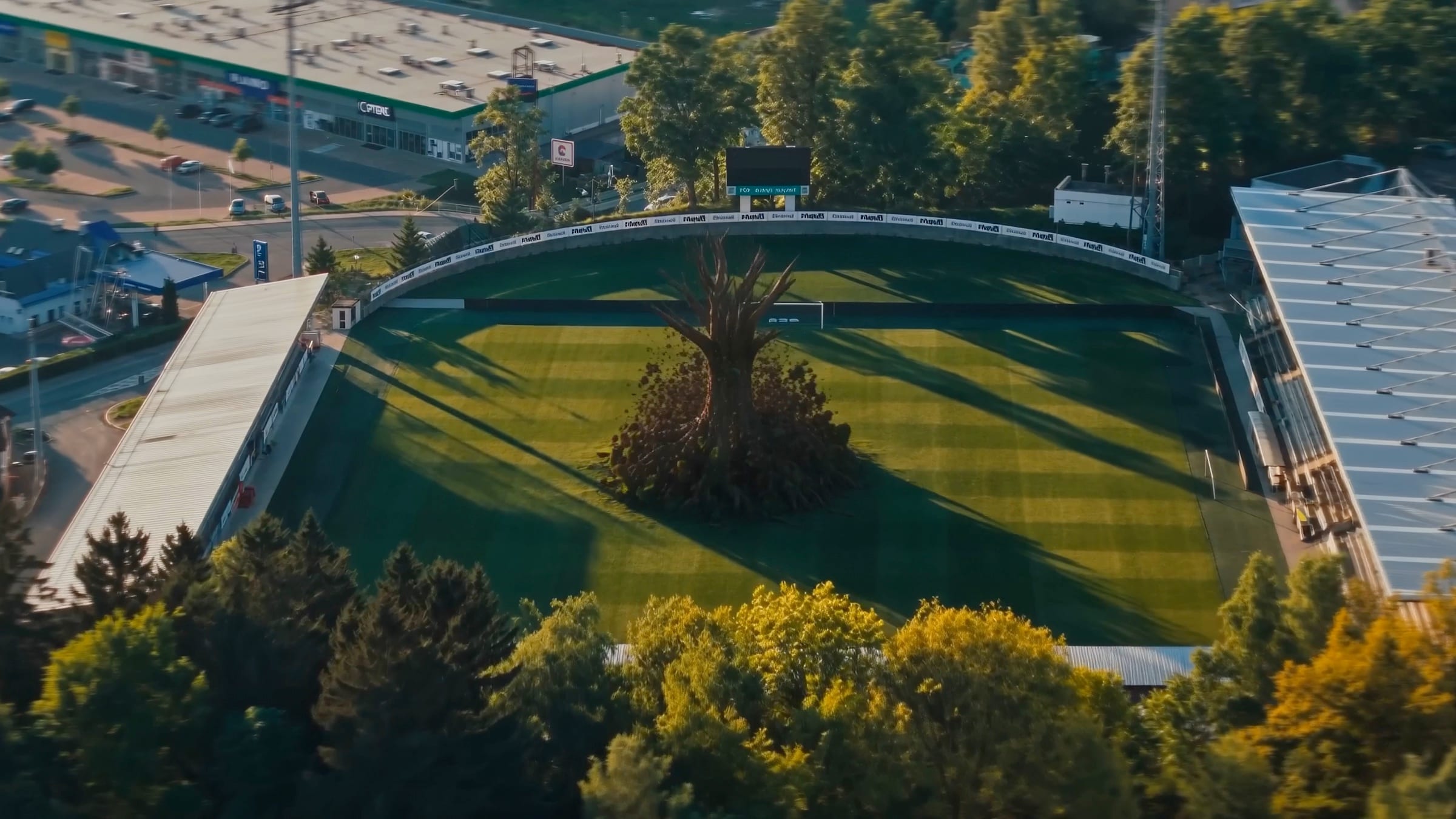 Aerial view of the Jablonec stadium at golden hour, with an apple tree growing from the centre of the pitch.