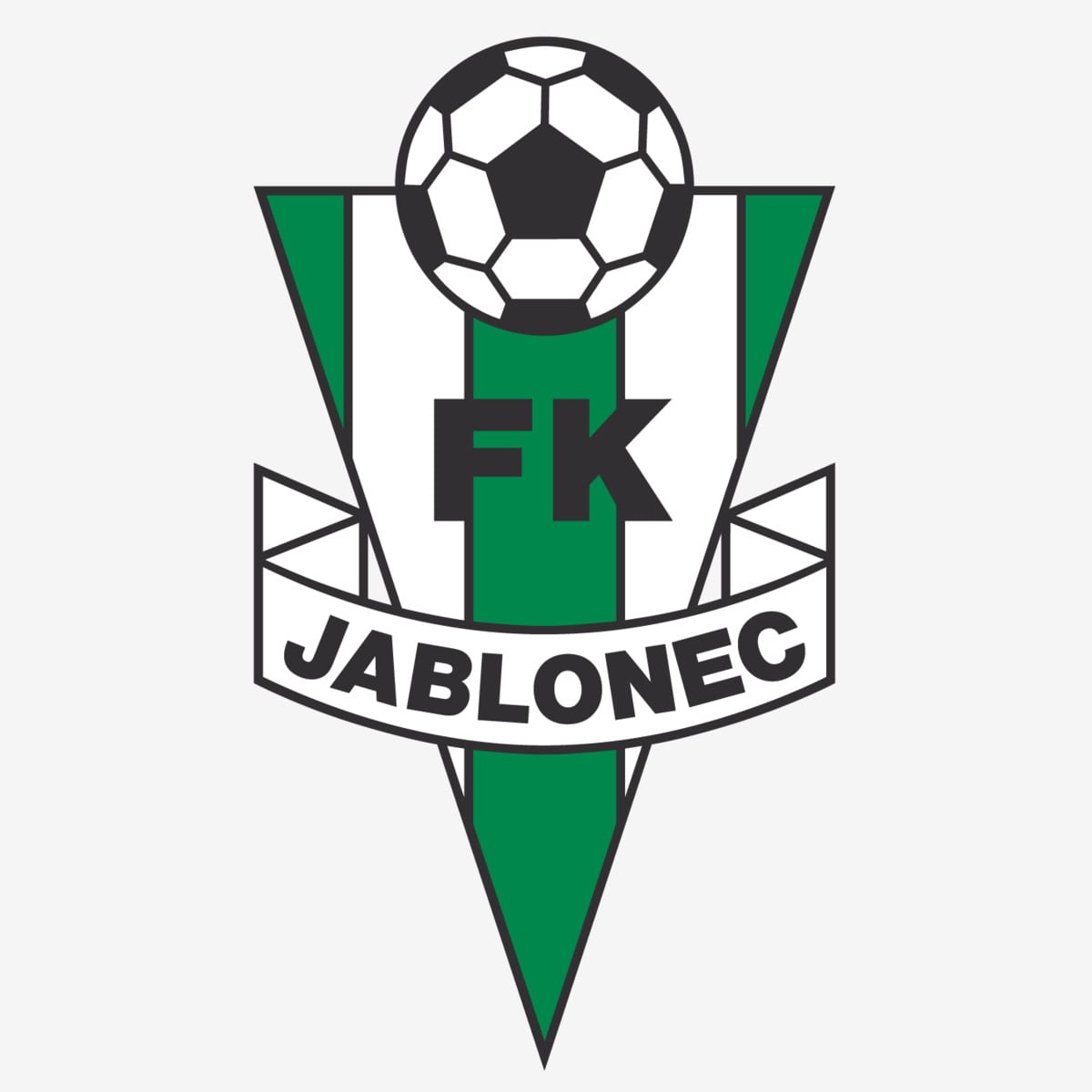 The previous FK Jablonec crest: a green-and-white striped triangle topped by a football, with the club name on a ribbon.