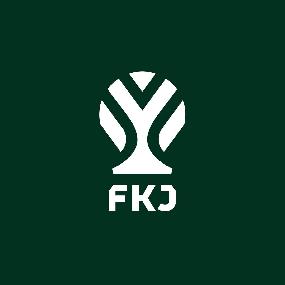 The new FK Jablonec symbol: a white apple tree whose round crown is cut by diagonal stripes, above the FKJ wordmark on deep green.