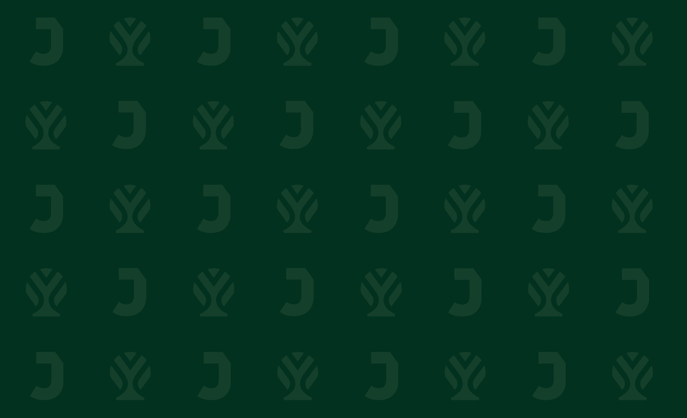 A tonal green pattern alternating the letter J and the apple-tree symbol.
