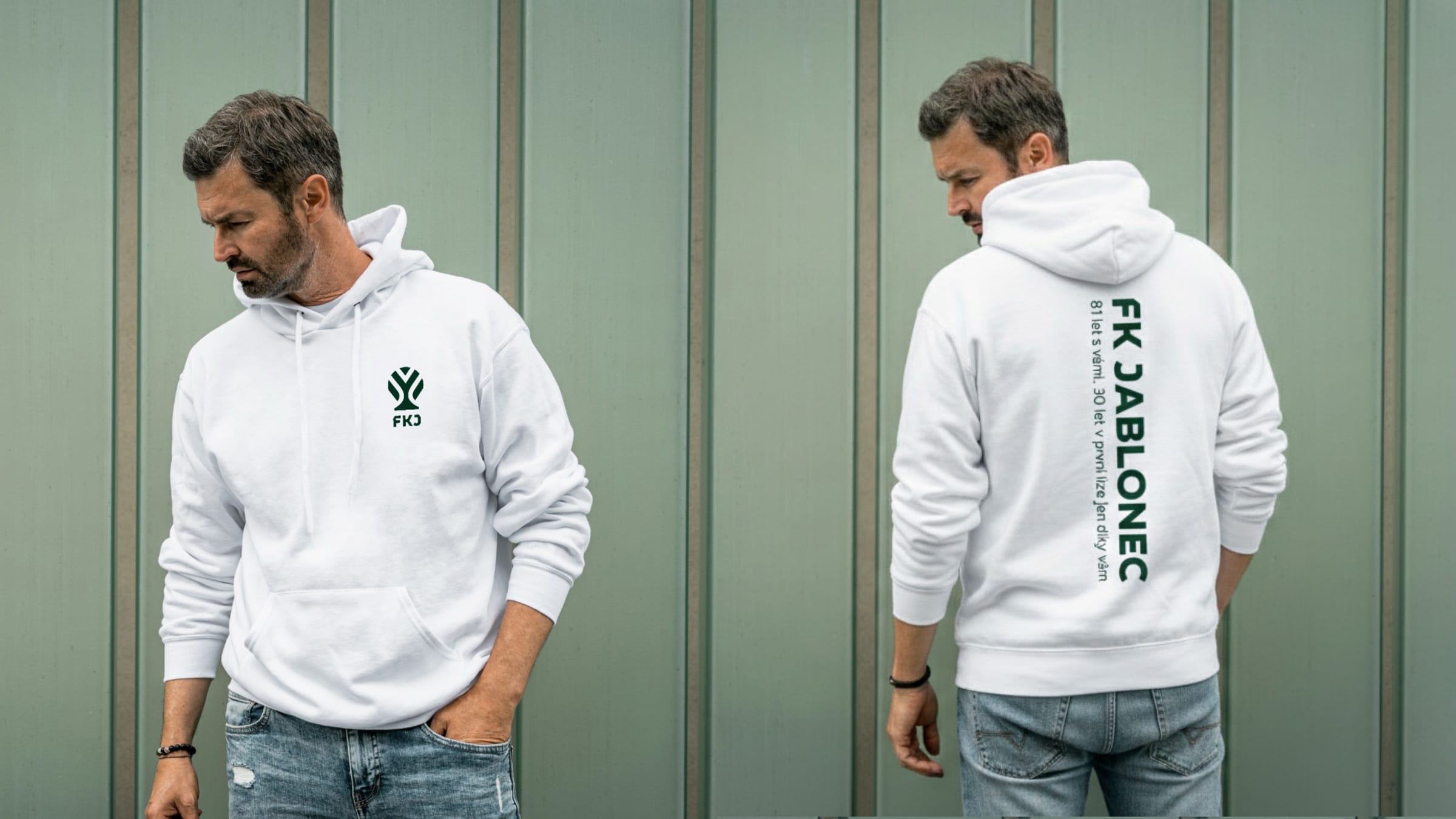 A man in a white hoodie with the green apple-tree symbol and FKJ on the chest; on the back, FK JABLONEC runs vertically beside the line “81 let s vámi, 30 let v první lize jen díky vám”. AI-assisted mockup.