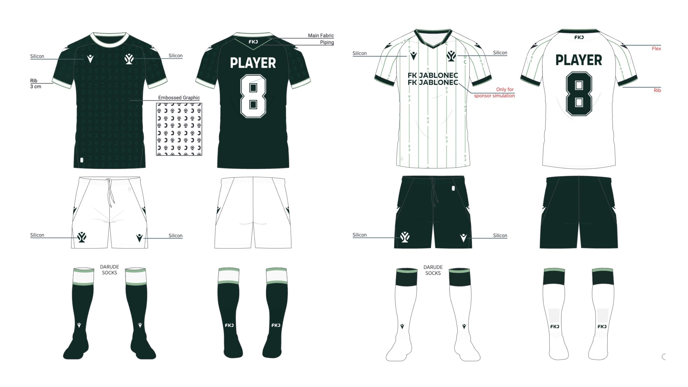 Technical drawings of the home kit in deep green and the away kit in white with green pinstripes, front and back, with shorts and socks.