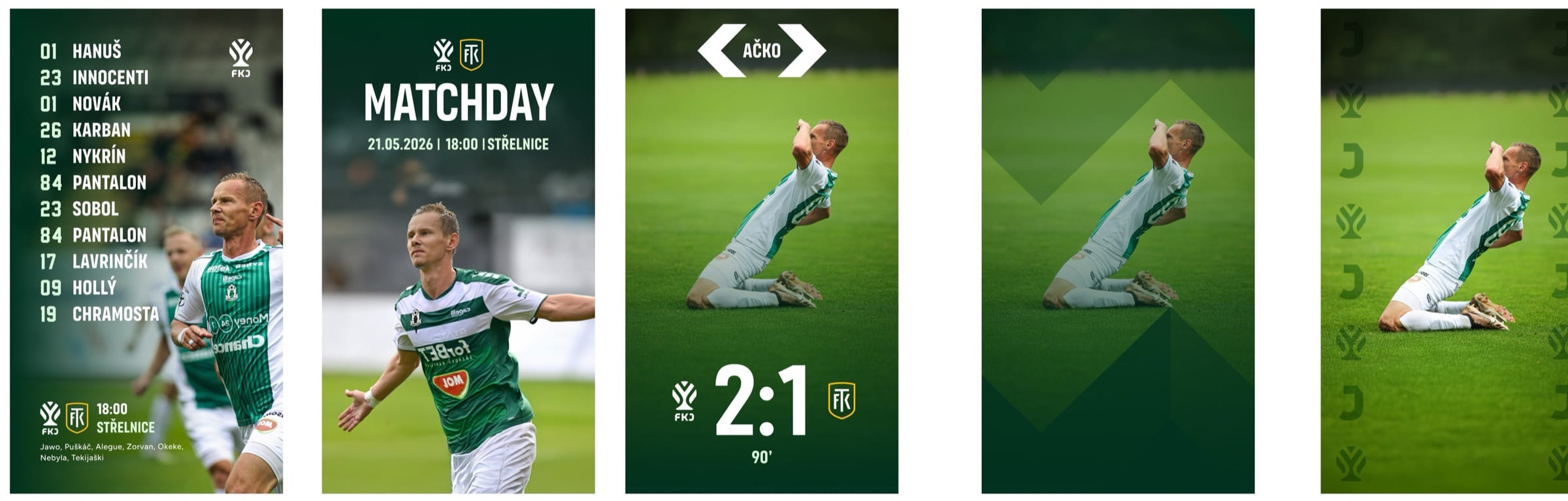 Five vertical matchday social templates: line-up, matchday announcement, final score and two celebration layouts with chevron and J/tree patterns.