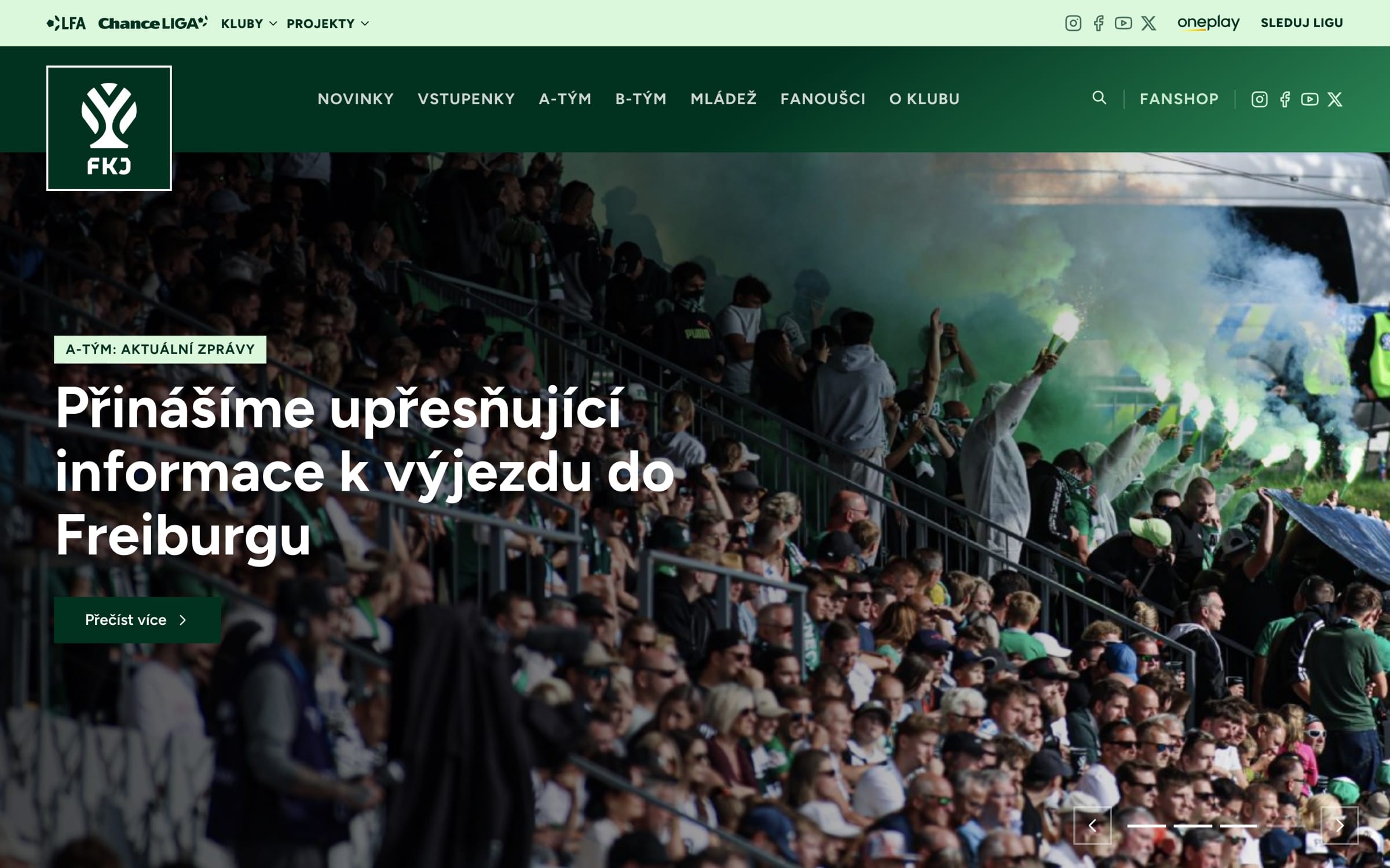 The FK Jablonec website homepage: the apple-tree FKJ logo, main navigation and a lead story over a photo of fans with green flares.