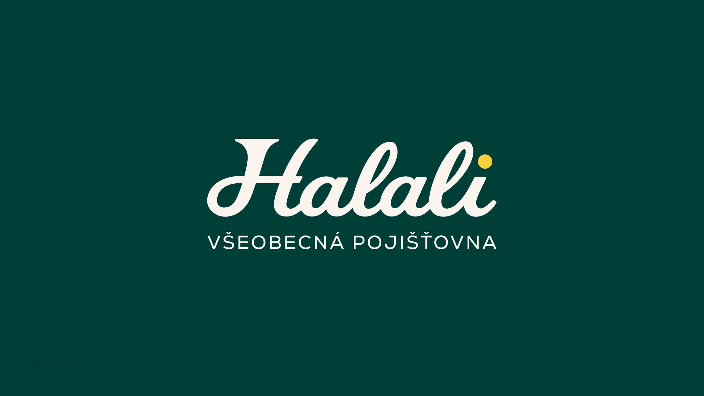 The Halali logo: a soft calligraphic “Halali” with a yellow dot above “Všeobecná pojišťovna”, in cream on Forest Teal.