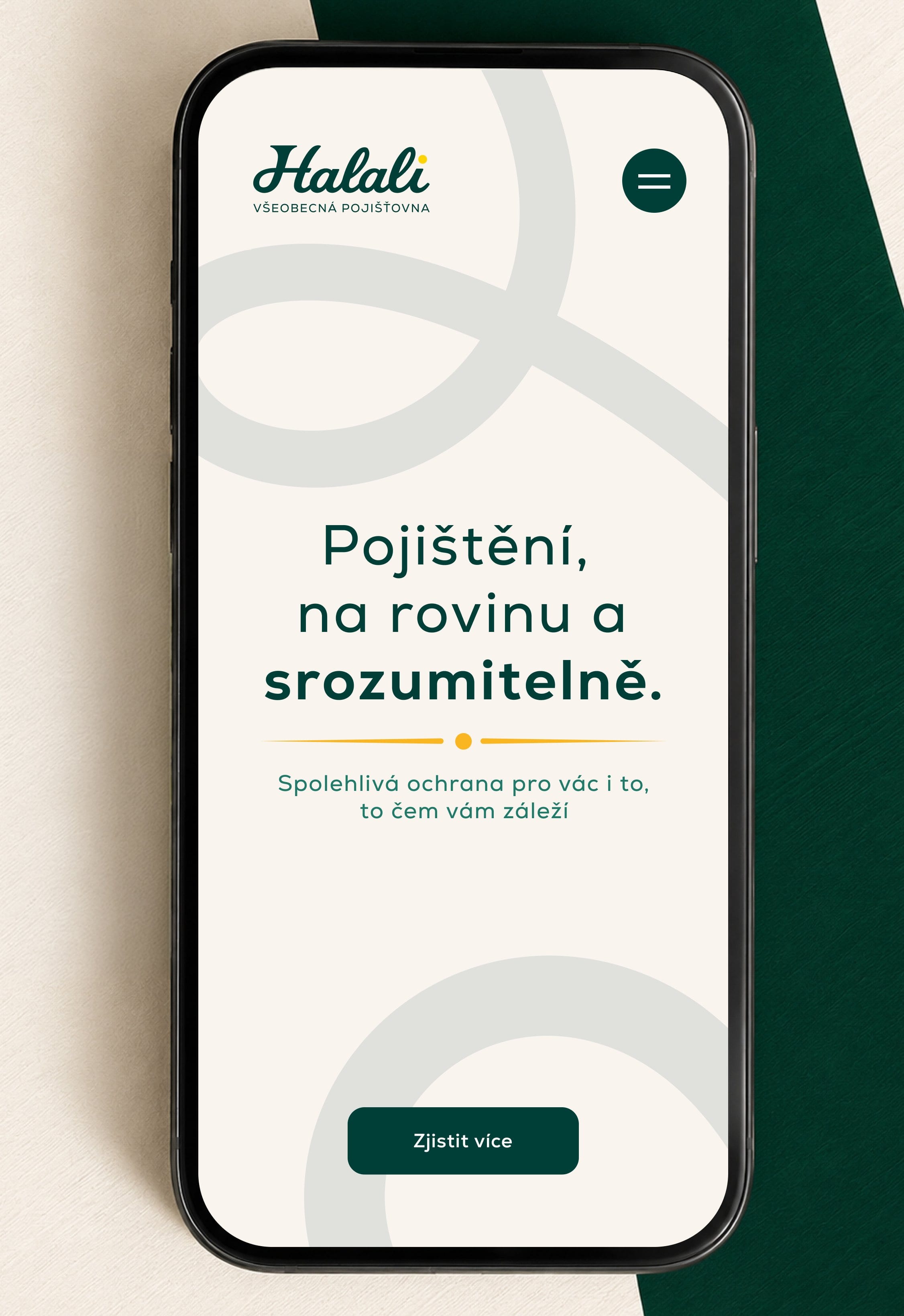 AI-assisted mockup: a phone on cream and teal paper showing the Halali mobile site with the headline “Pojištění, na rovinu a srozumitelně.” and a “Zjistit více” button.