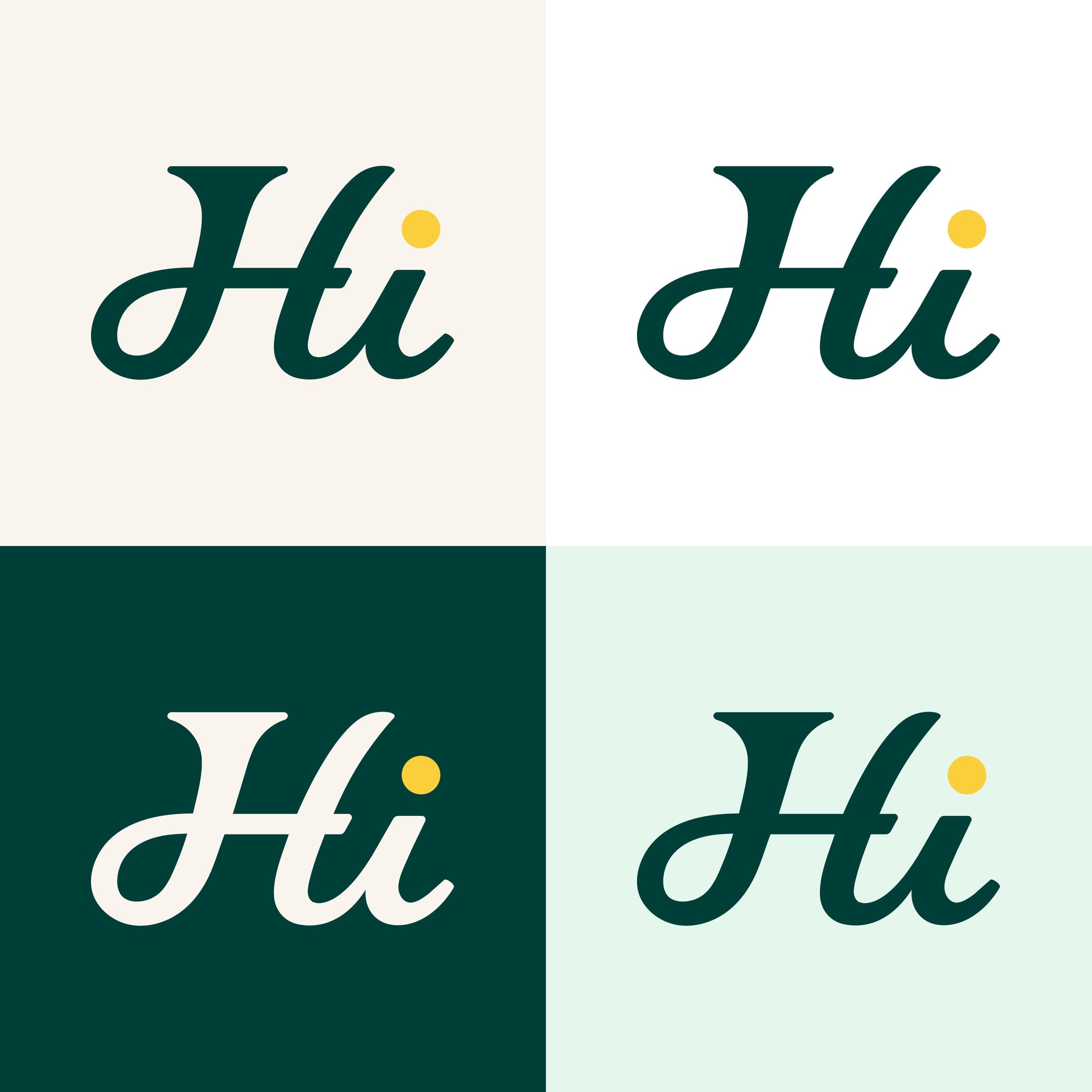 The Hi monogram with a yellow dot in four tiles: teal on champagne, teal on white, cream on Forest Teal and teal on Light Mint.