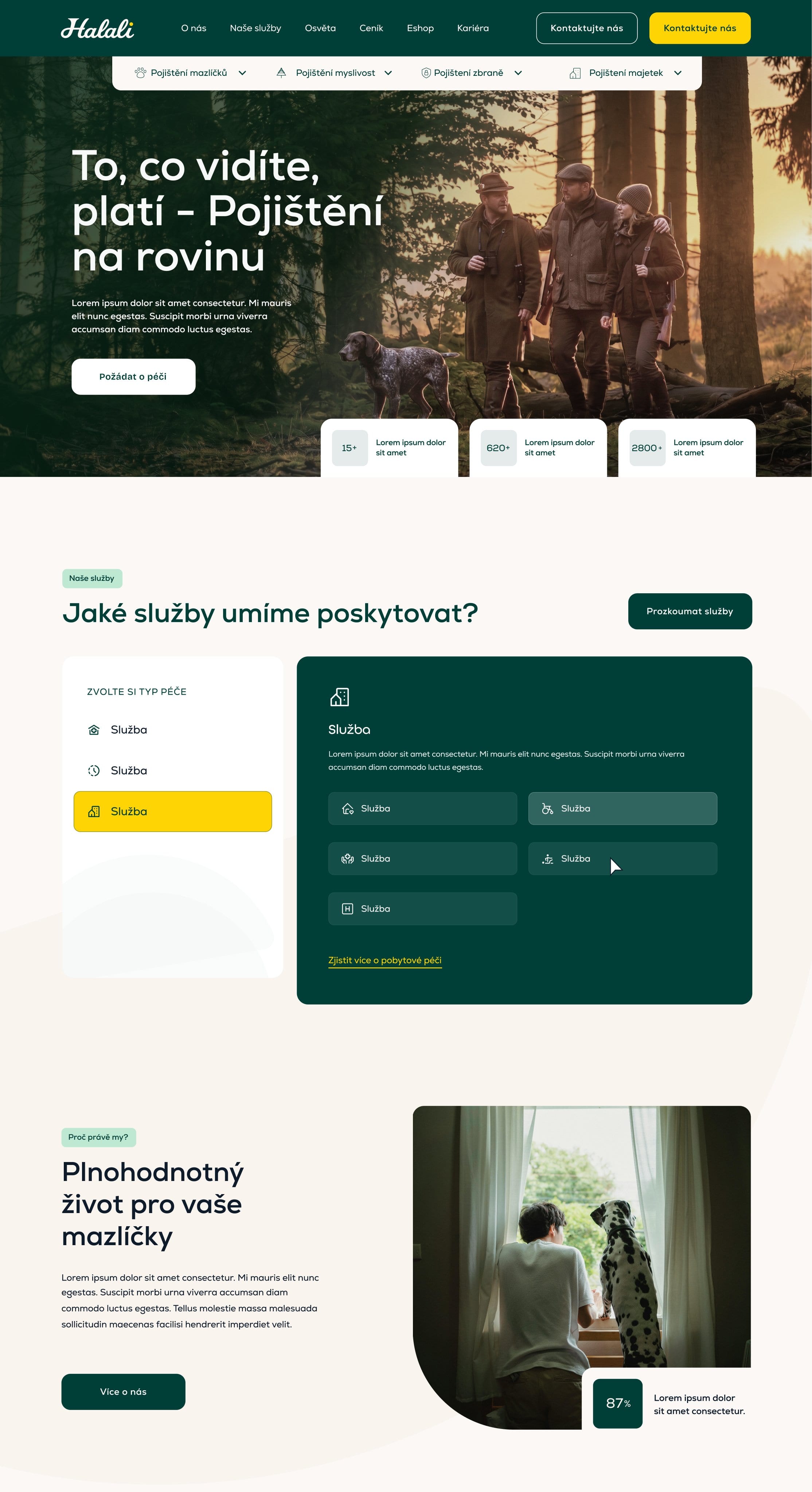 Halali homepage design with AI-assisted photography, top: hunters and a dog in a sunlit forest under “To, co vidíte, platí – Pojištění na rovinu”, a services panel and a boy with a dalmatian at a window.