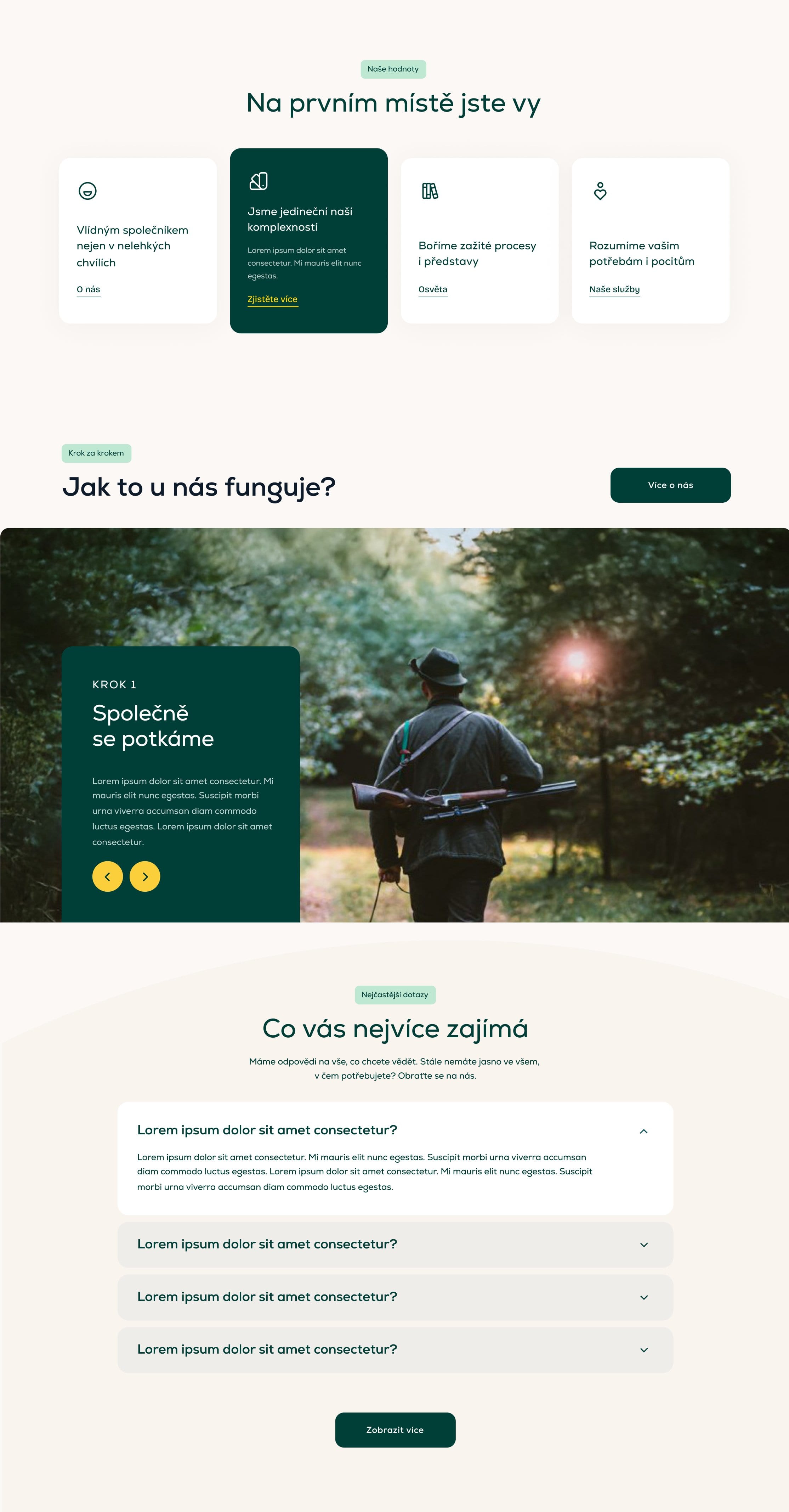Halali homepage design, lower: value cards under “Na prvním místě jste vy”, a step-by-step slider over a hunter in the forest, and an FAQ.