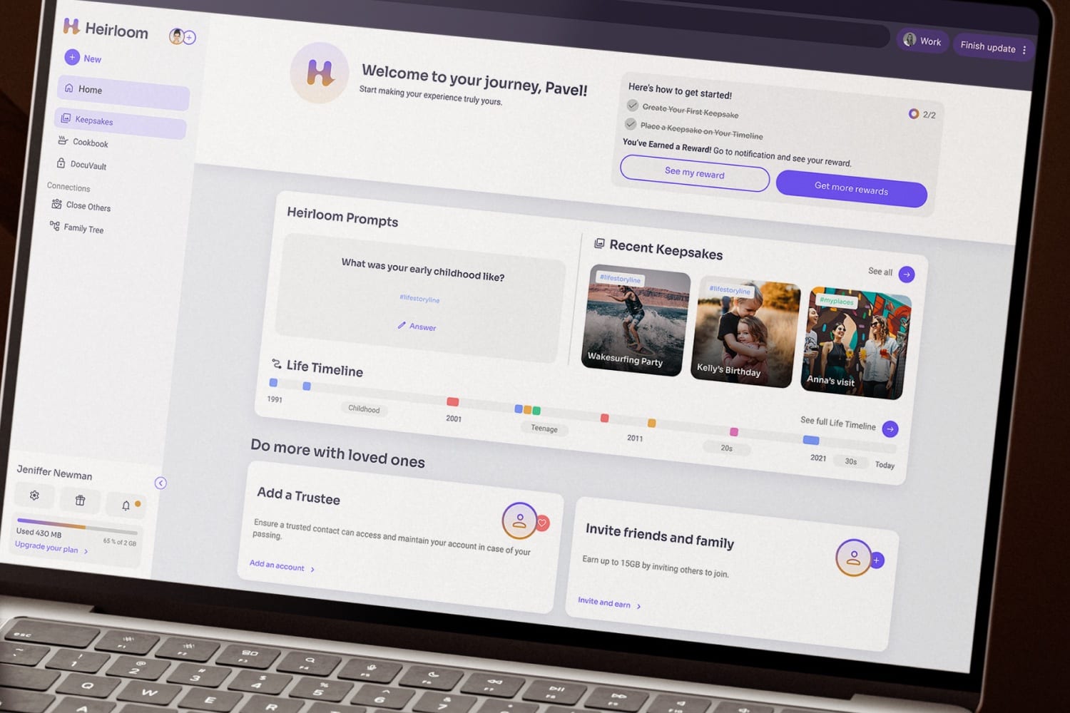 The Heirloom dashboard close up: a welcome for Pavel, a getting-started checklist with a reward, prompts, recent keepsakes, a life timeline, and cards to add a trustee and invite friends and family.