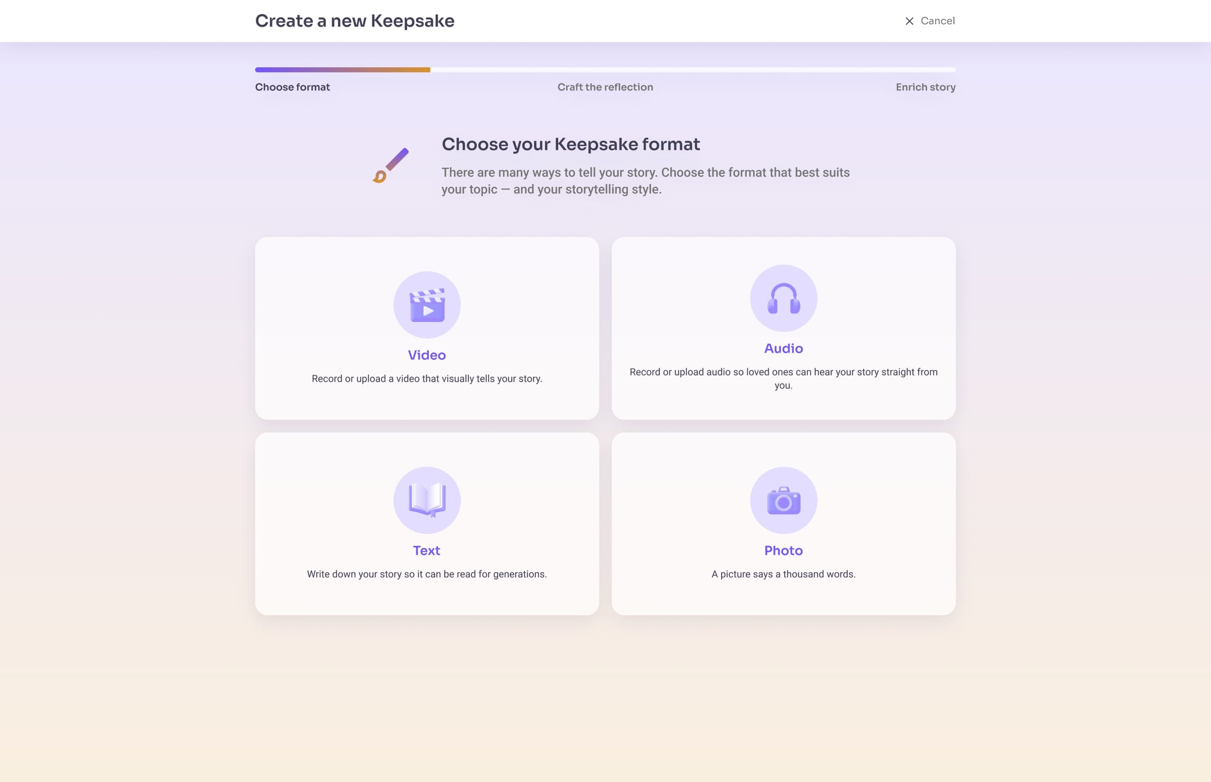 The “Choose your Keepsake format” step on desktop: four cards for Video, Audio, Text and Photo under a three-step progress bar.