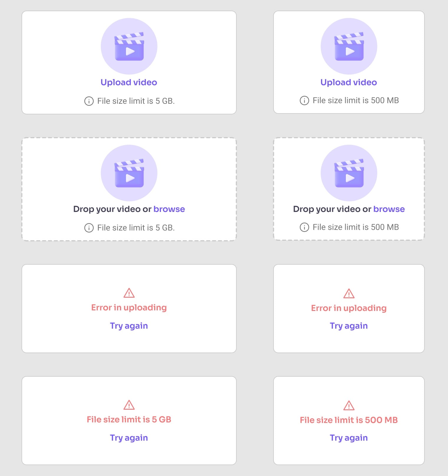 Upload box states for desktop and mobile: empty “Upload video”, “Drop your video or browse” on hover, “Error in uploading” and “File size limit” with a Try again link.