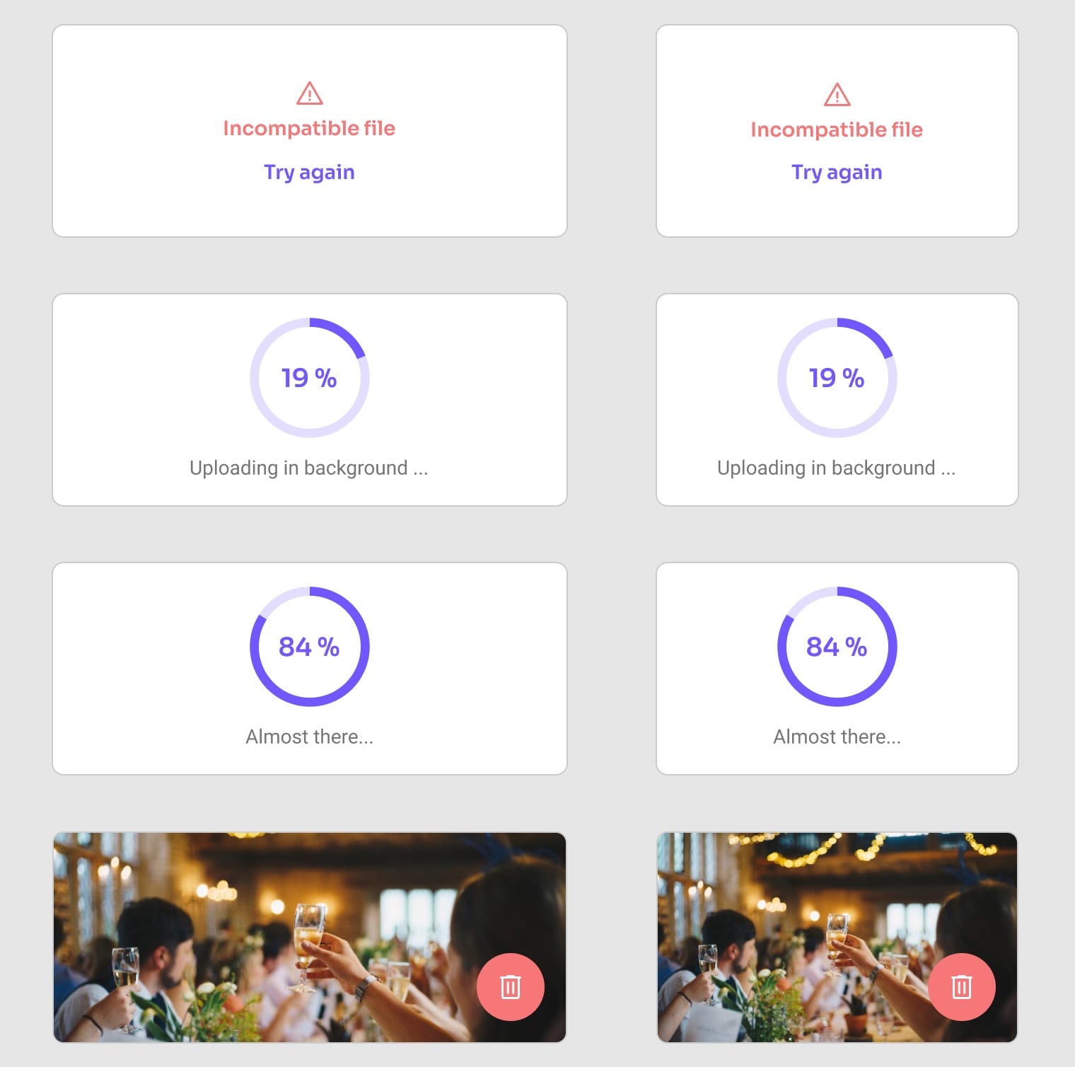 Upload box states for desktop and mobile: “Incompatible file”, progress at 19% and 84%, and the uploaded video with a red delete button.