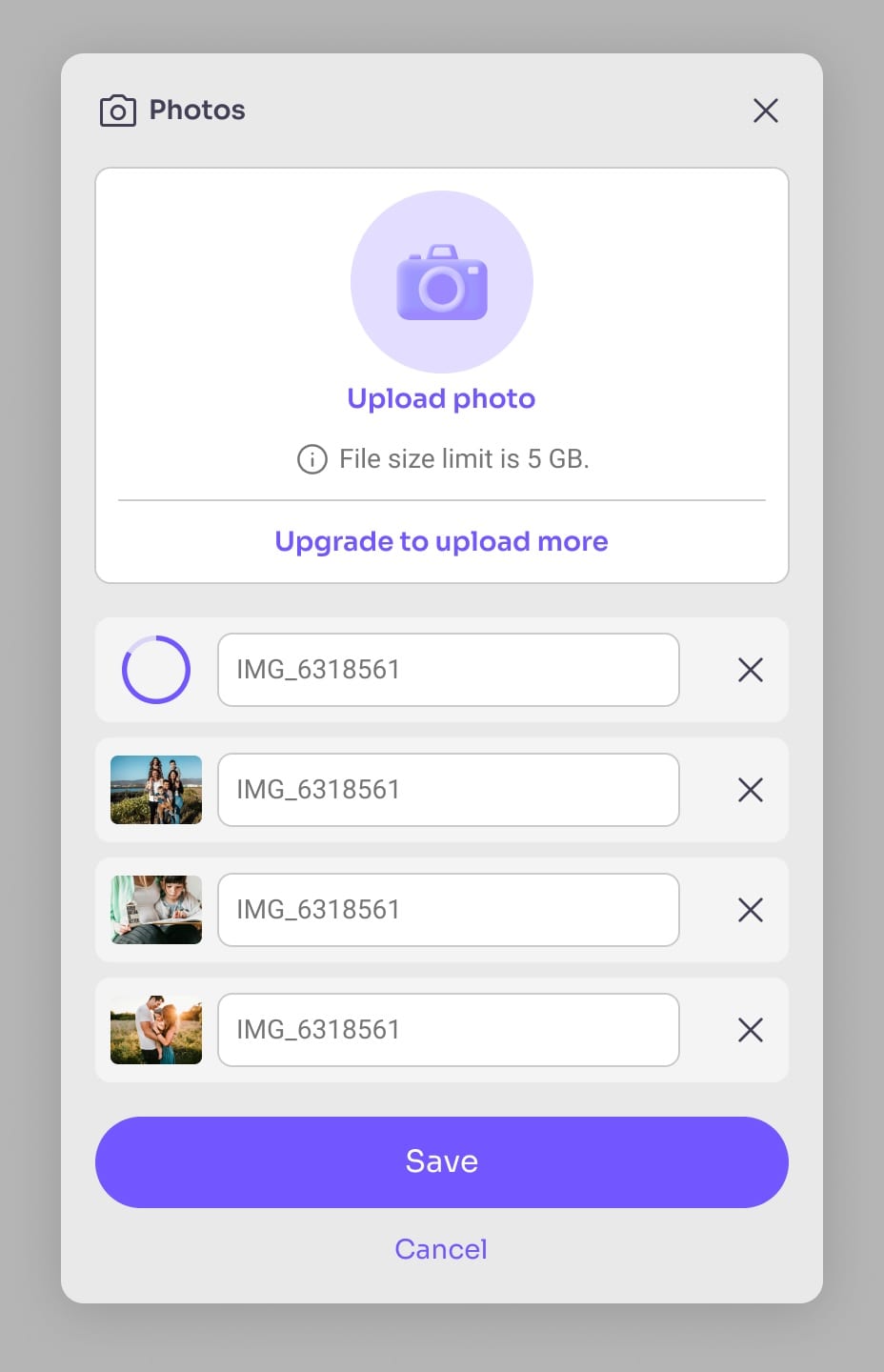 The Photos panel on desktop: an upload box above four photo rows, one still loading, each with a name field and a delete cross, then Save and Cancel.