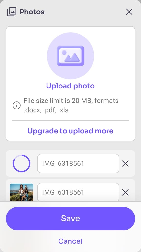 The Photos panel on a phone, scrolled: photo rows pass beneath a Save button and Cancel link that stay fixed at the bottom.