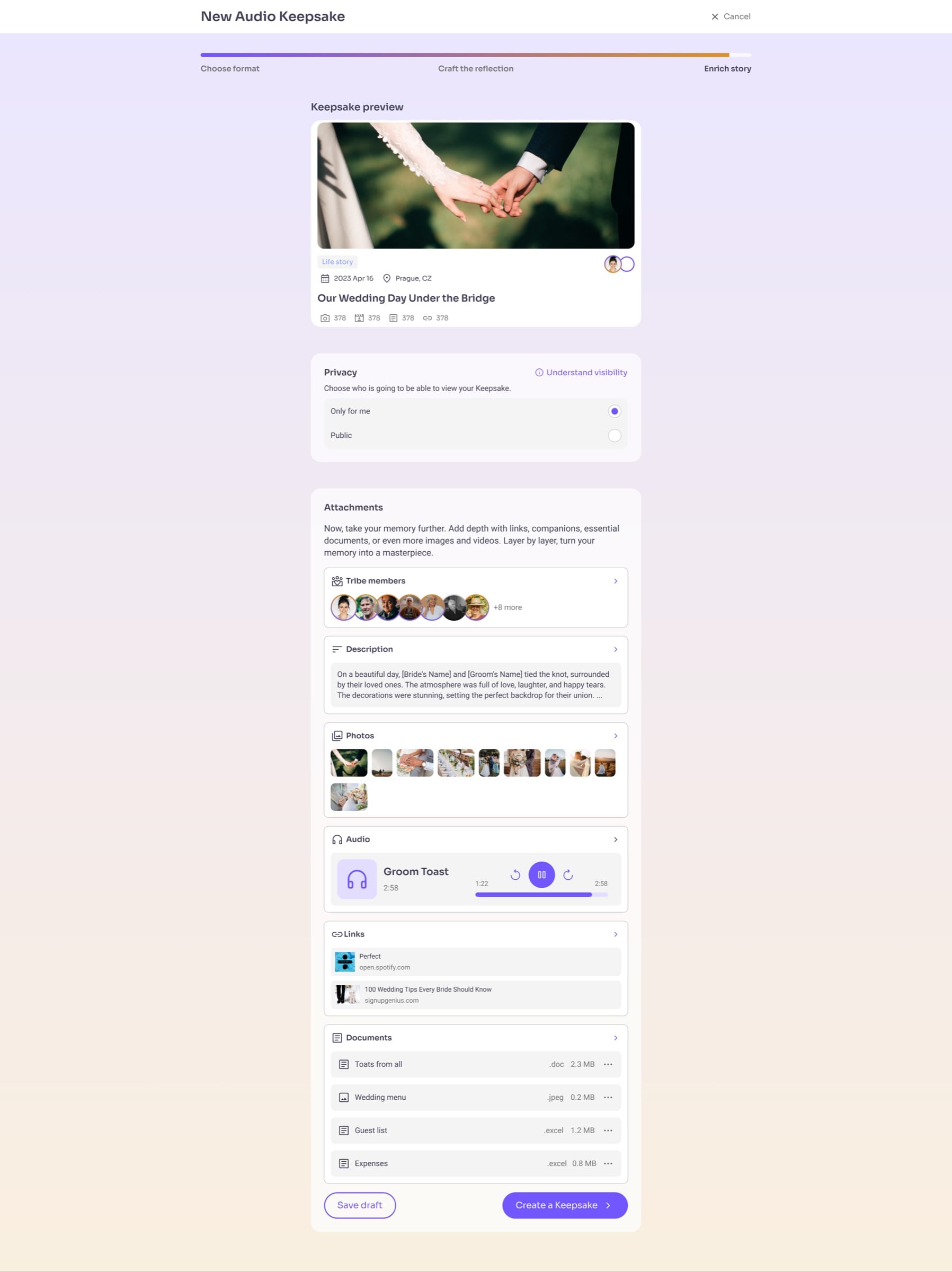The final step of a demo keepsake: a preview card, privacy options, and attachments for tribe members, description, photos, audio, links and documents in matching cards.