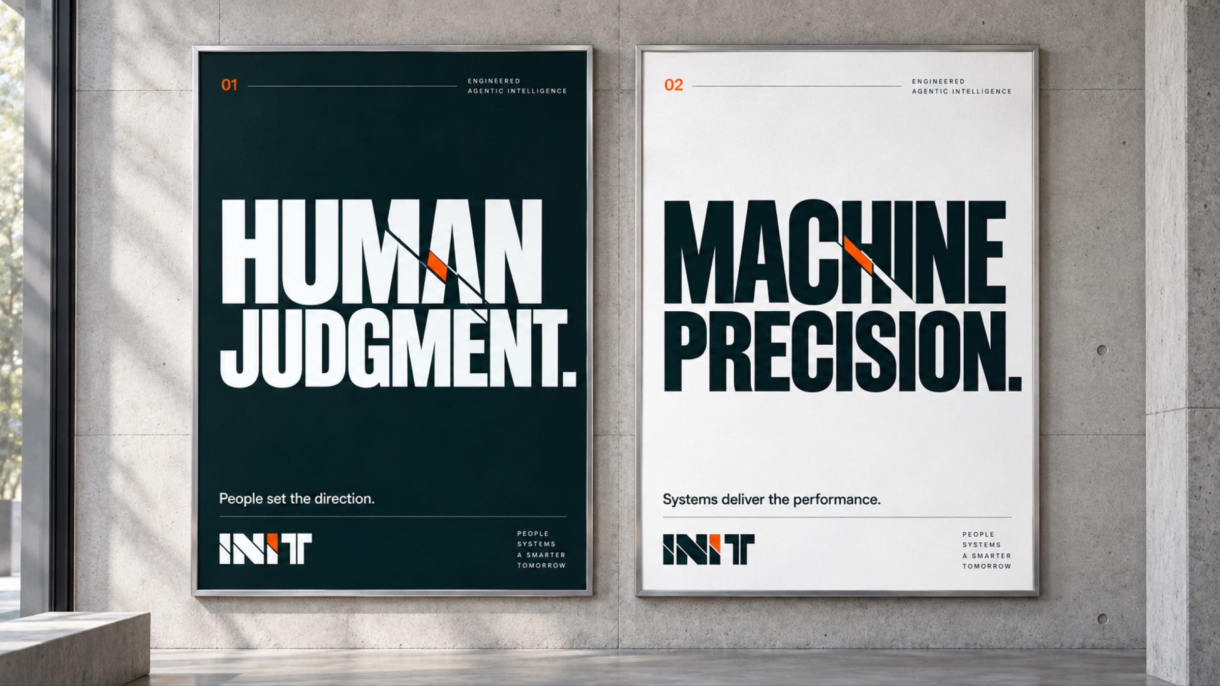 Two framed posters on a concrete wall: Human Judgment in white on obsidian and Machine Precision in obsidian on white, each word split by an orange cut.