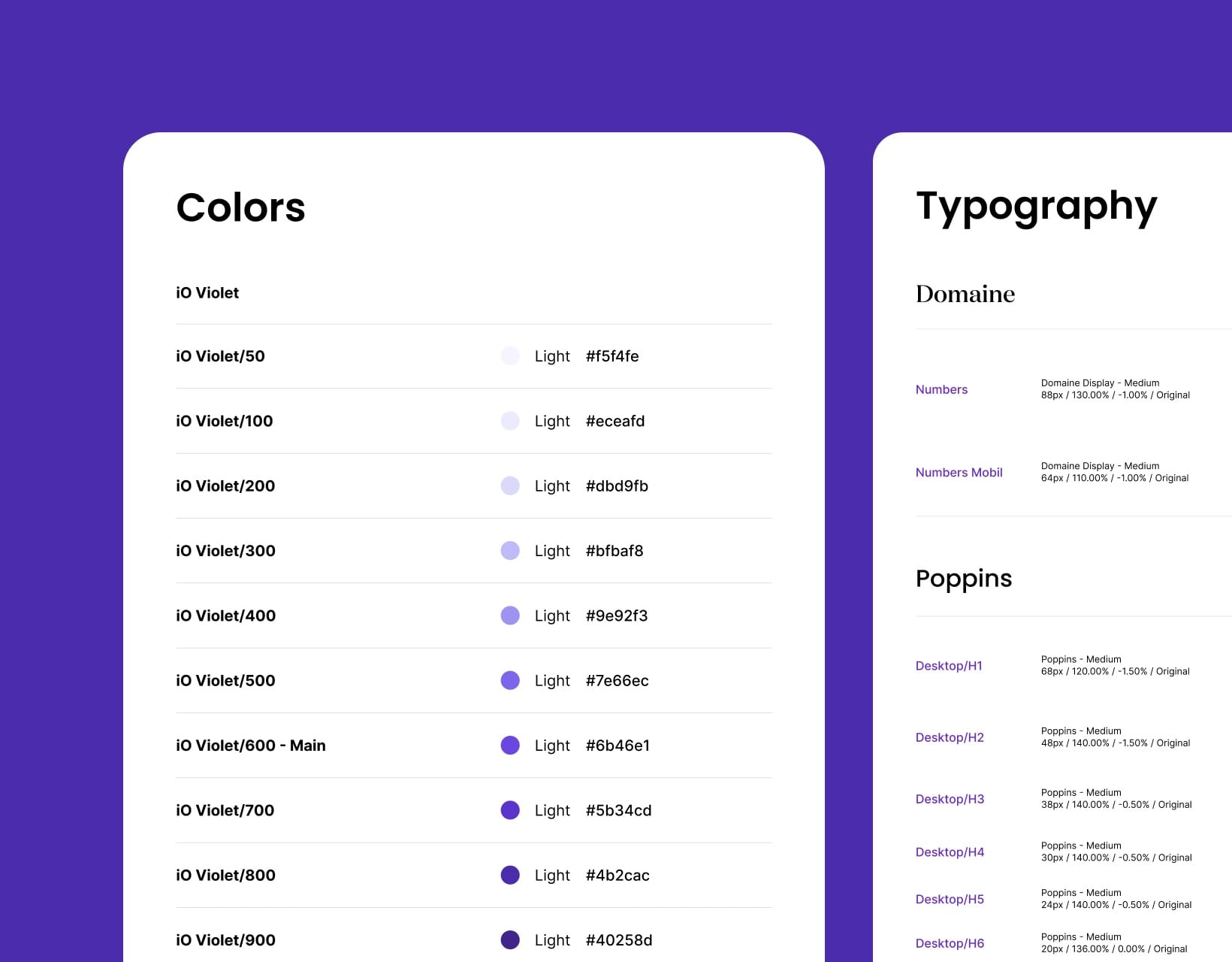 Design tokens on violet: the iO Violet colour scale from 50 to 900 with hex values, and typography styles in Domaine and Poppins.
