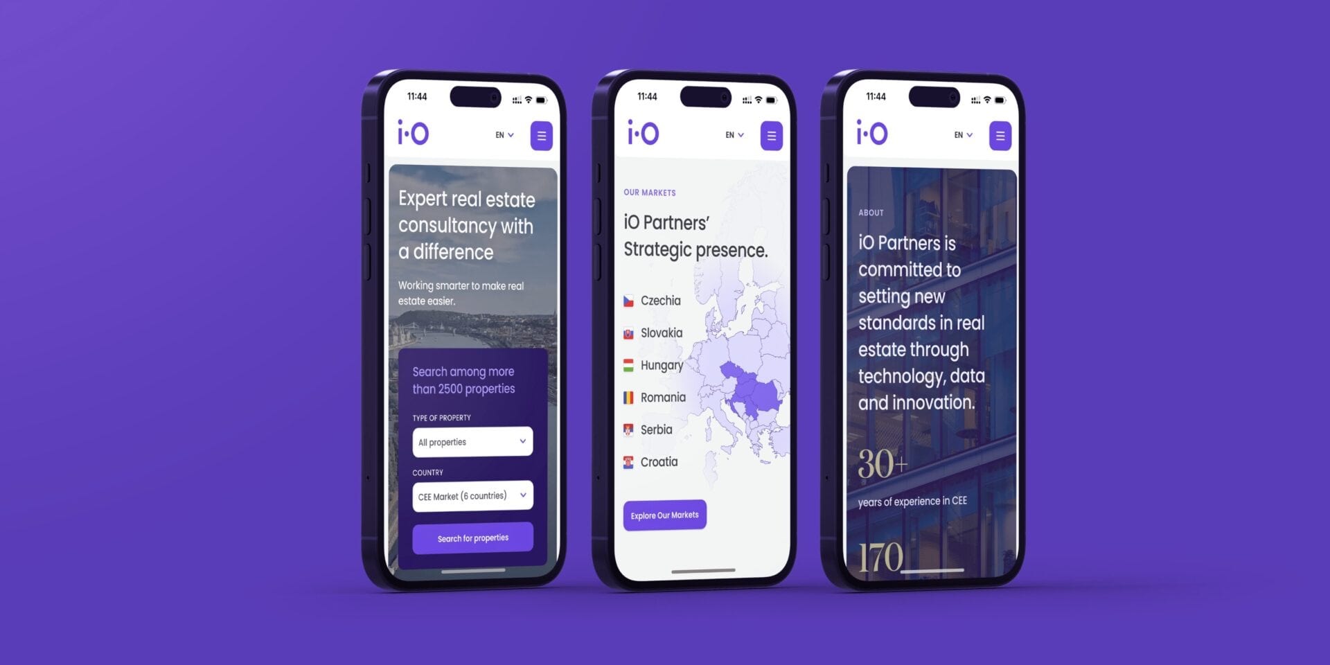 Three phones on violet showing the iO Partners mobile site: the homepage with property search, the markets page with a map, and the about page.