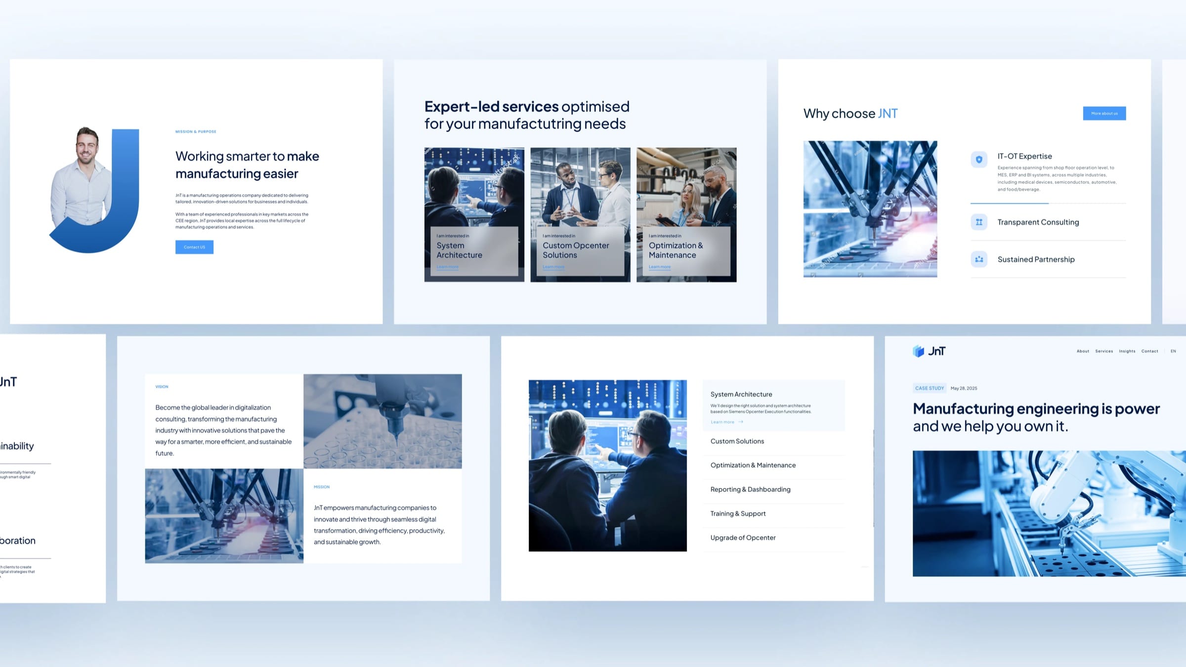 A spread of JNT Digital website components: service cards, a why-choose-JNT block, feature lists and image sections in blue and white.
