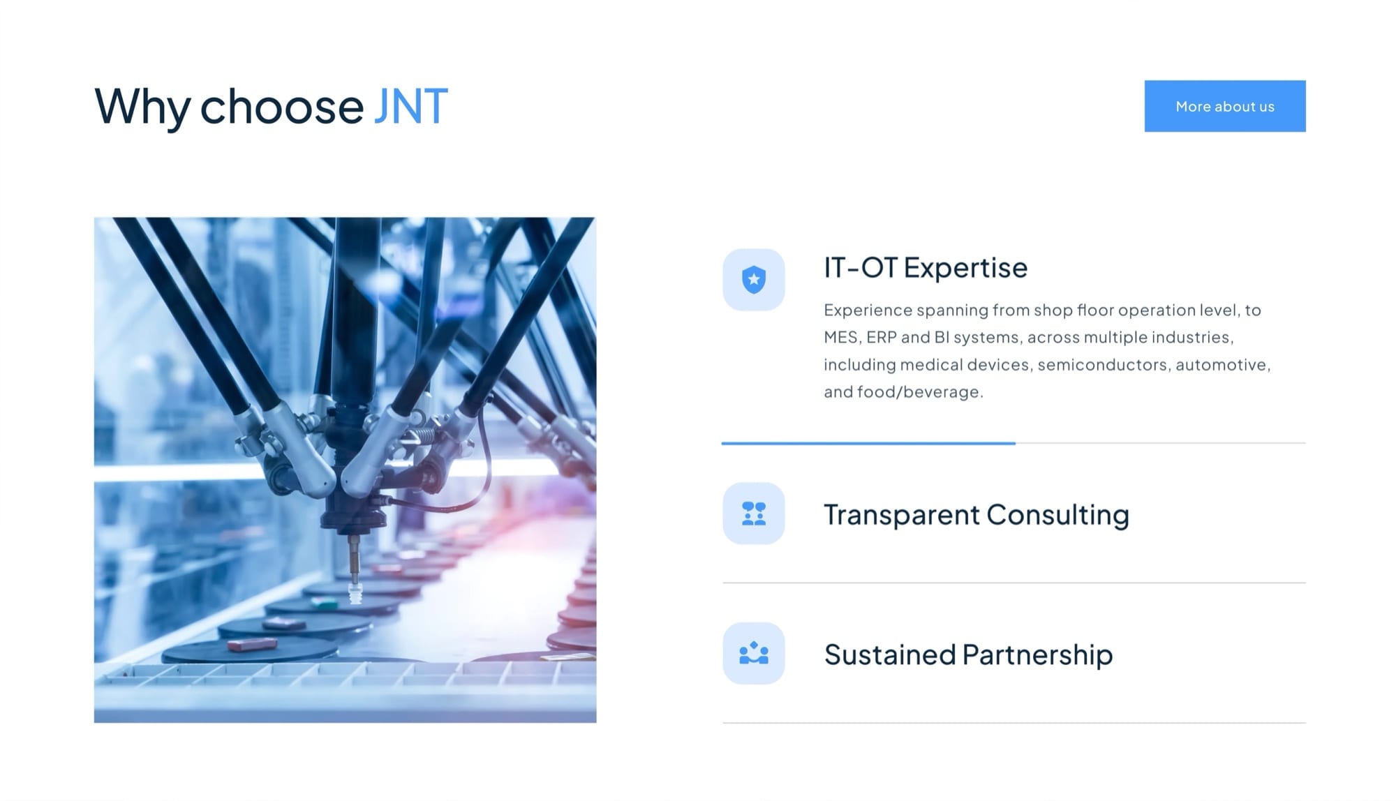 A “Why choose JNT” section with a robotics photo and three reasons: IT-OT expertise, transparent consulting and sustained partnership.