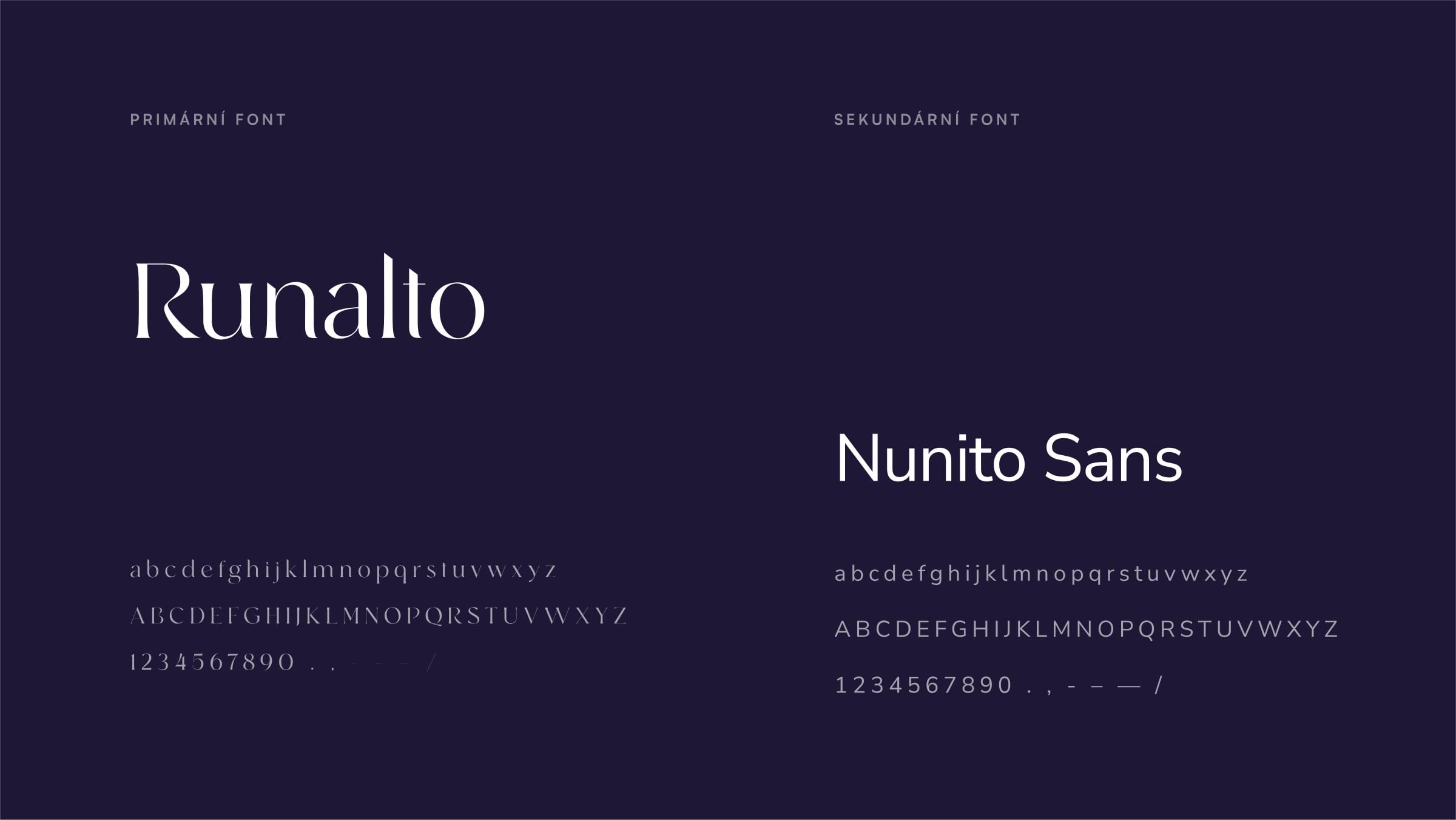 Type specimen on deep purple: Runalto as the primary font and Nunito Sans as the secondary, with their alphabets and numerals.