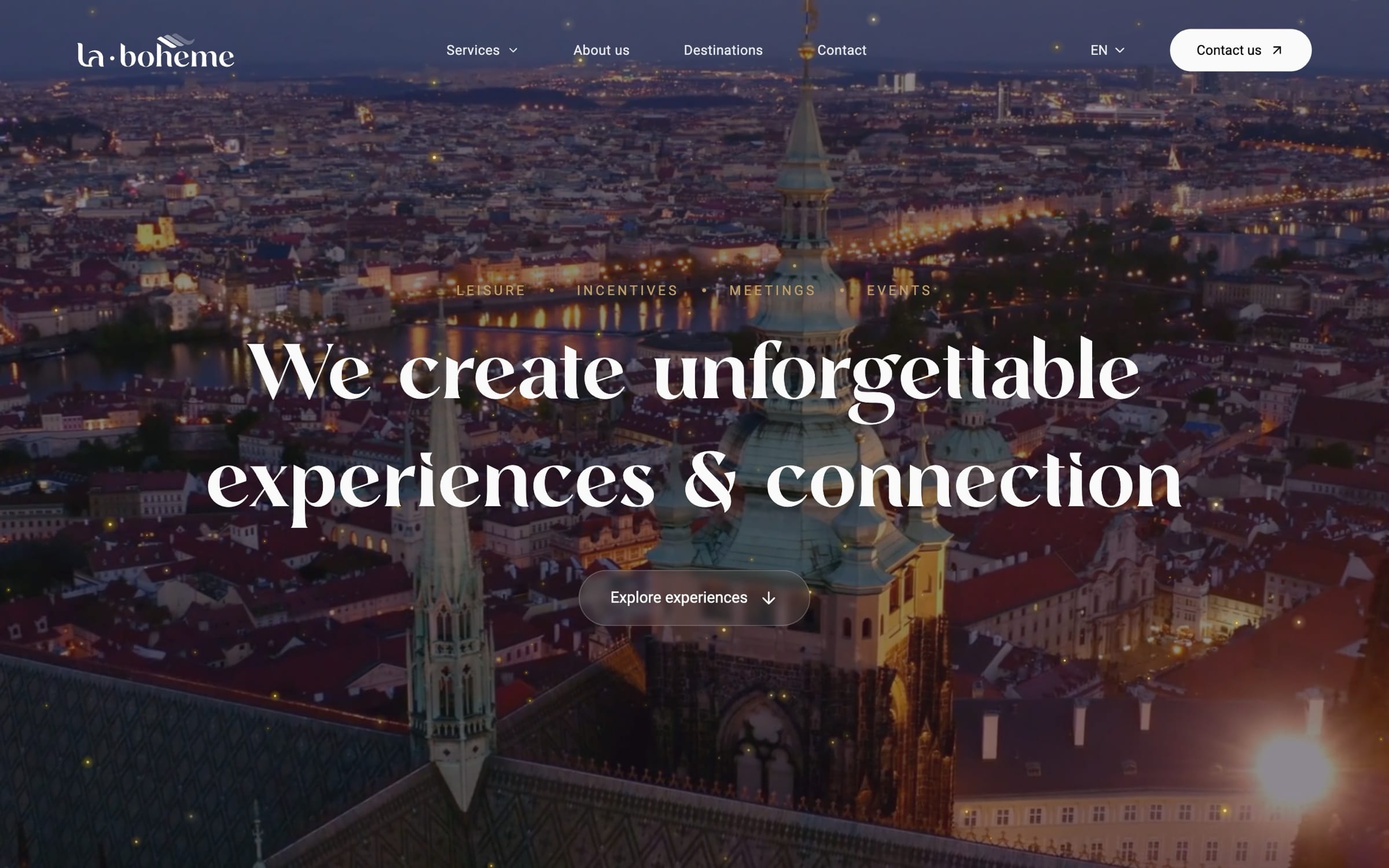 A scroll through the la-boheme.co home page, from evening footage of Prague under the headline “We create unforgettable experiences & connection” to the services gallery, client testimonials and footer.