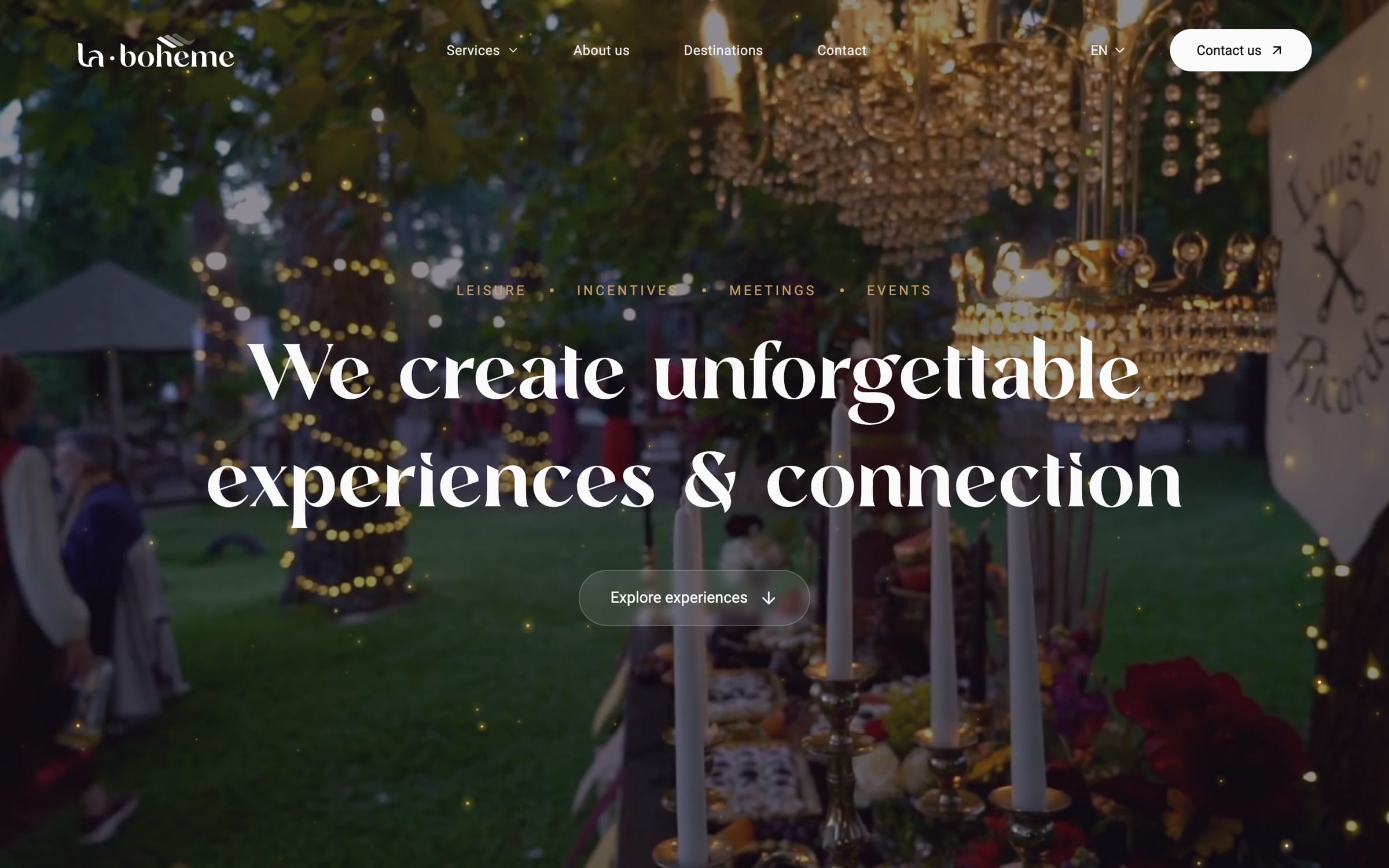 The la-boheme.co hero: “We create unforgettable experiences & connection” over footage of a candlelit garden dinner under a crystal chandelier, with an “Explore experiences” button.