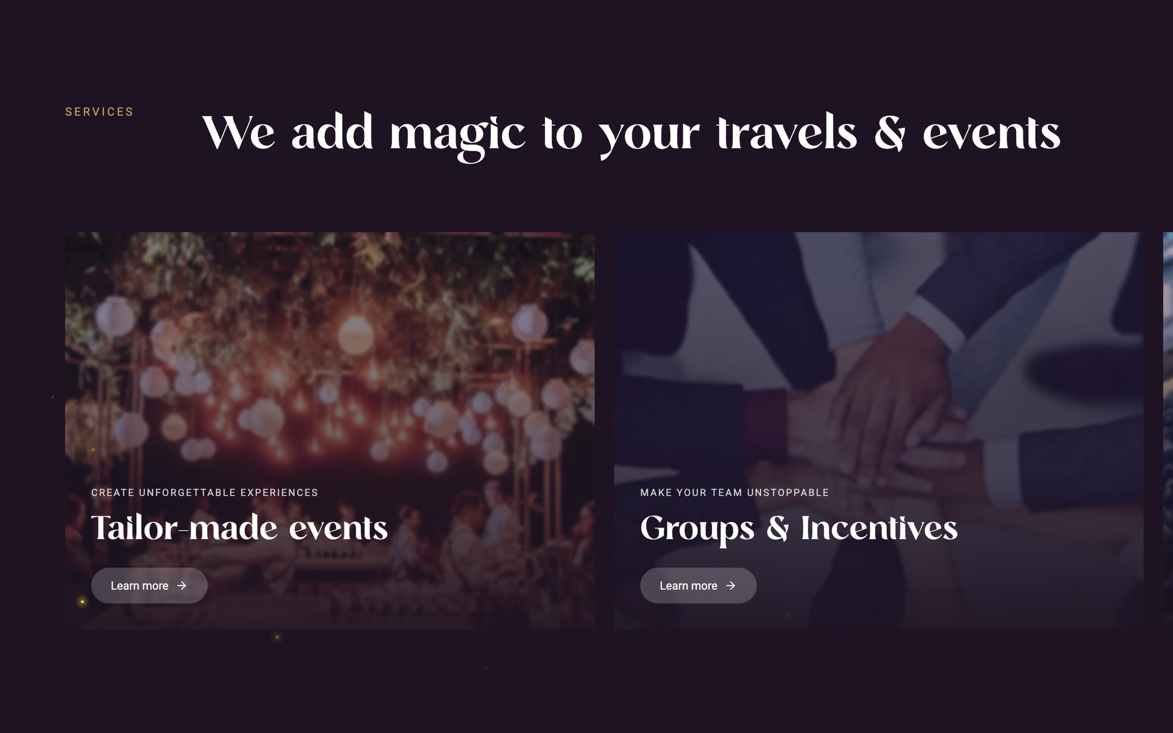 The services section on deep purple, “We add magic to your travels & events”, with photo cards for Tailor-made events and Groups & Incentives.