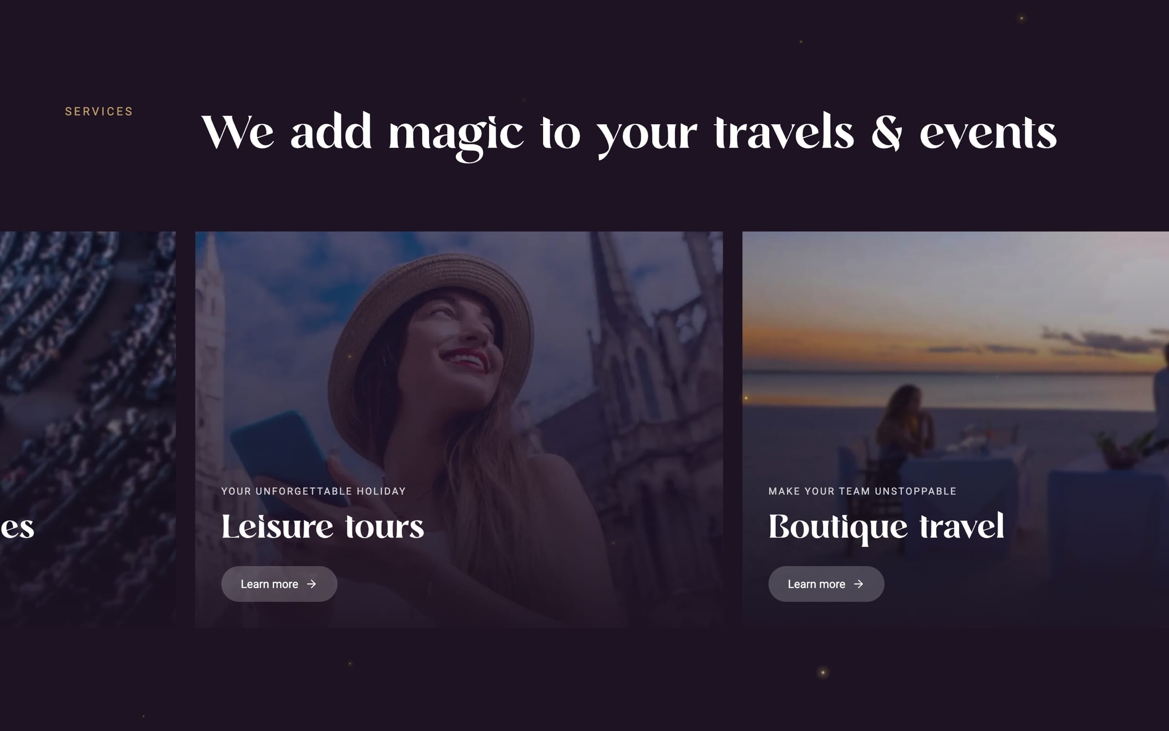 Further along the same gallery: cards for Leisure tours, a smiling woman in a sun hat, and Boutique travel, a couple on a terrace at sunset.