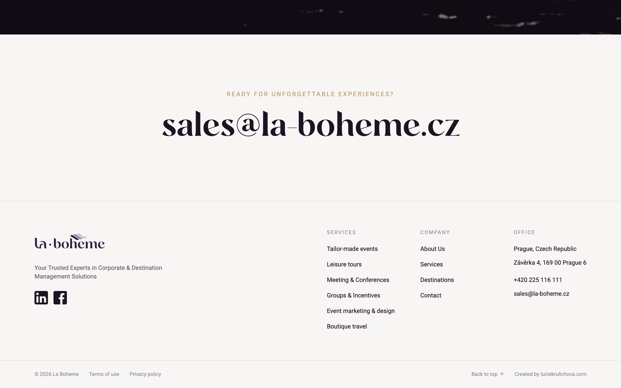 The ivory footer: “Ready for unforgettable experiences?” above sales@la-boheme.cz in large serif type, then the logotype, service and company links and the Prague office.