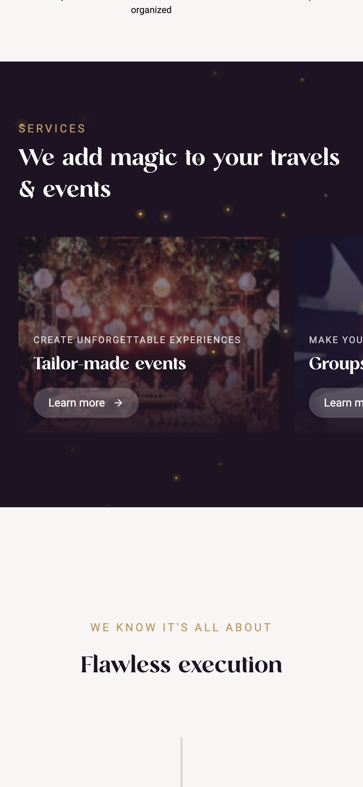 The services section on a phone: “We add magic to your travels & events” above a swipeable Tailor-made events card, then the ivory “Flawless execution” section.