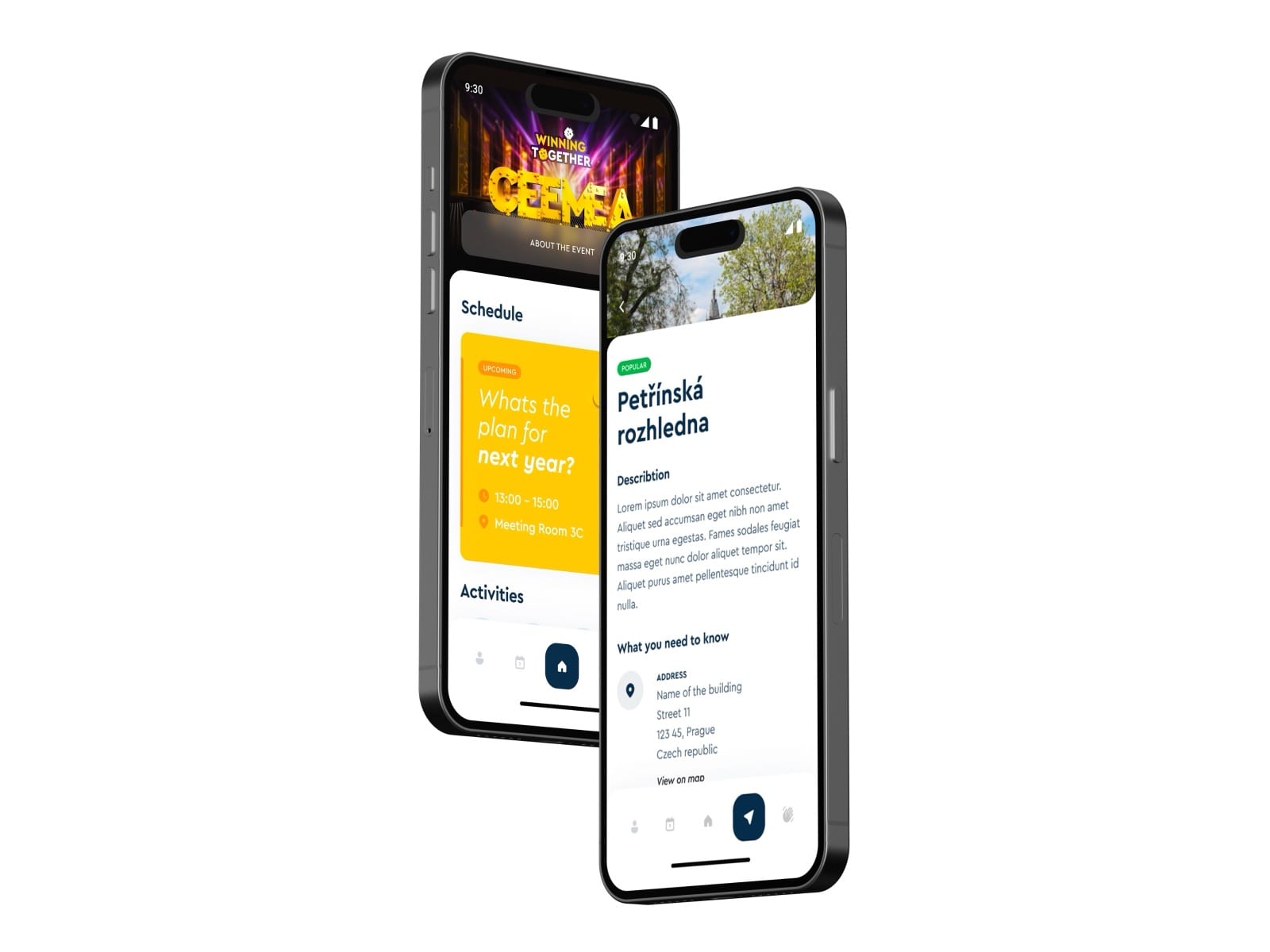 Two phones: the dashboard with the “Winning Together” conference visual and an upcoming session, and a Prague place detail for Petřín Lookout Tower.